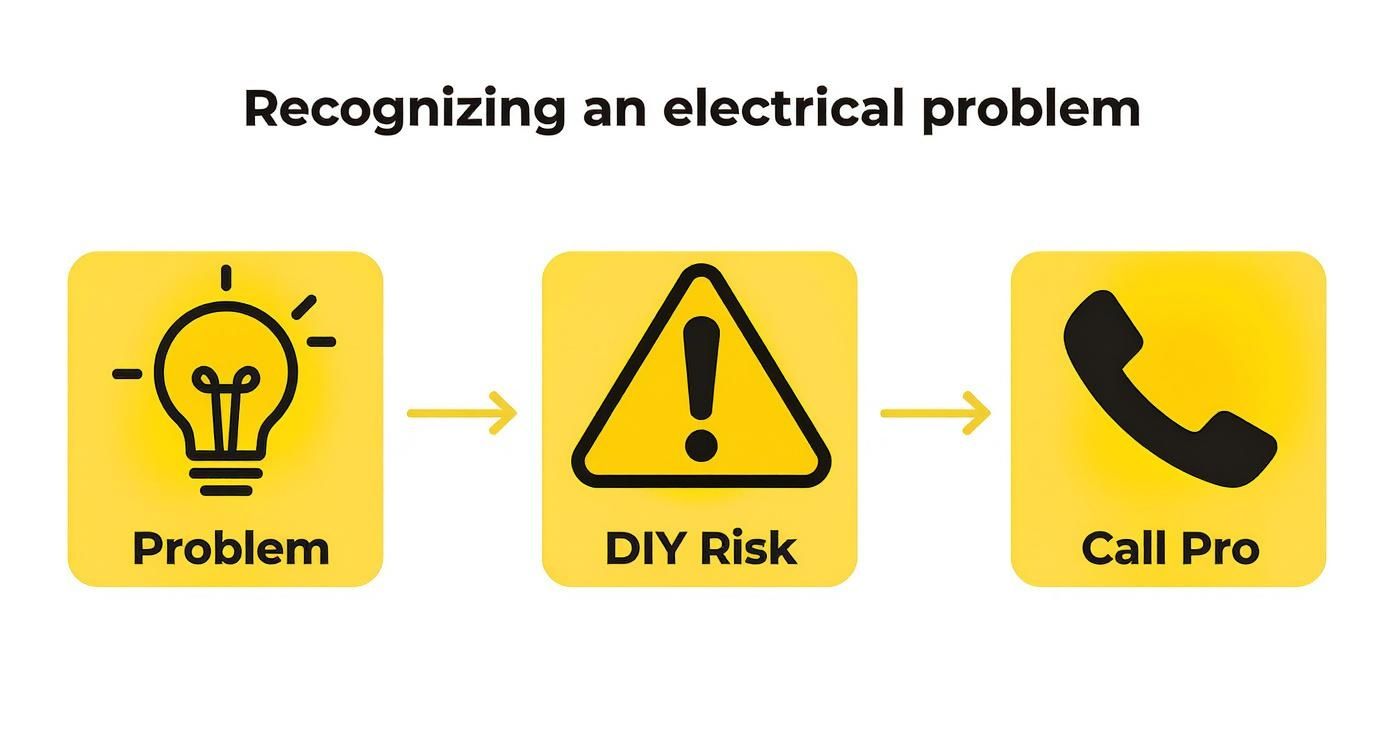 Flowchart showing steps for recognizing an electrical problem: Problem, DIY Risk, and Call Pro.