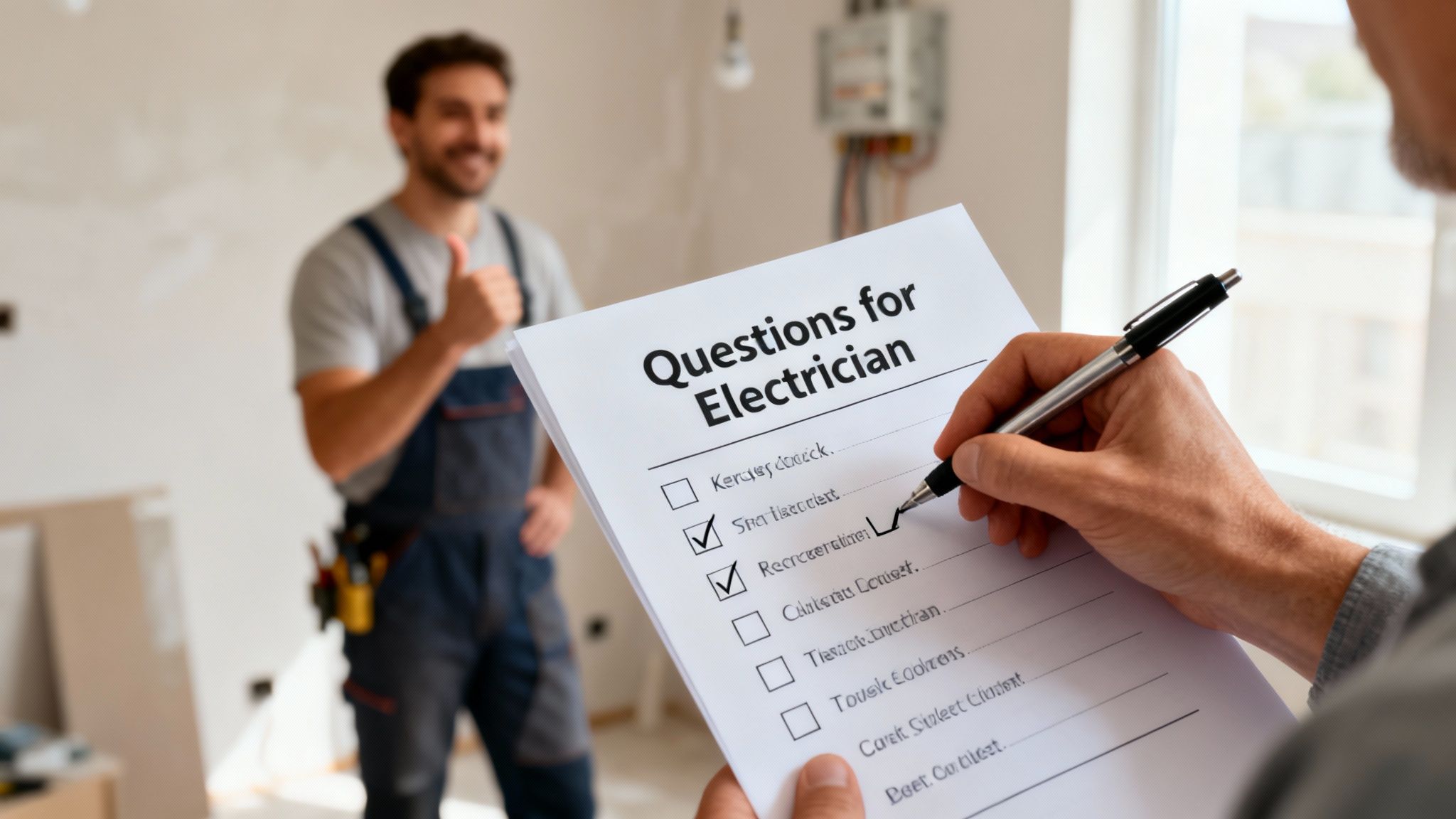 A customer reviews a checklist of questions for an electrician, who gives a thumbs-up.