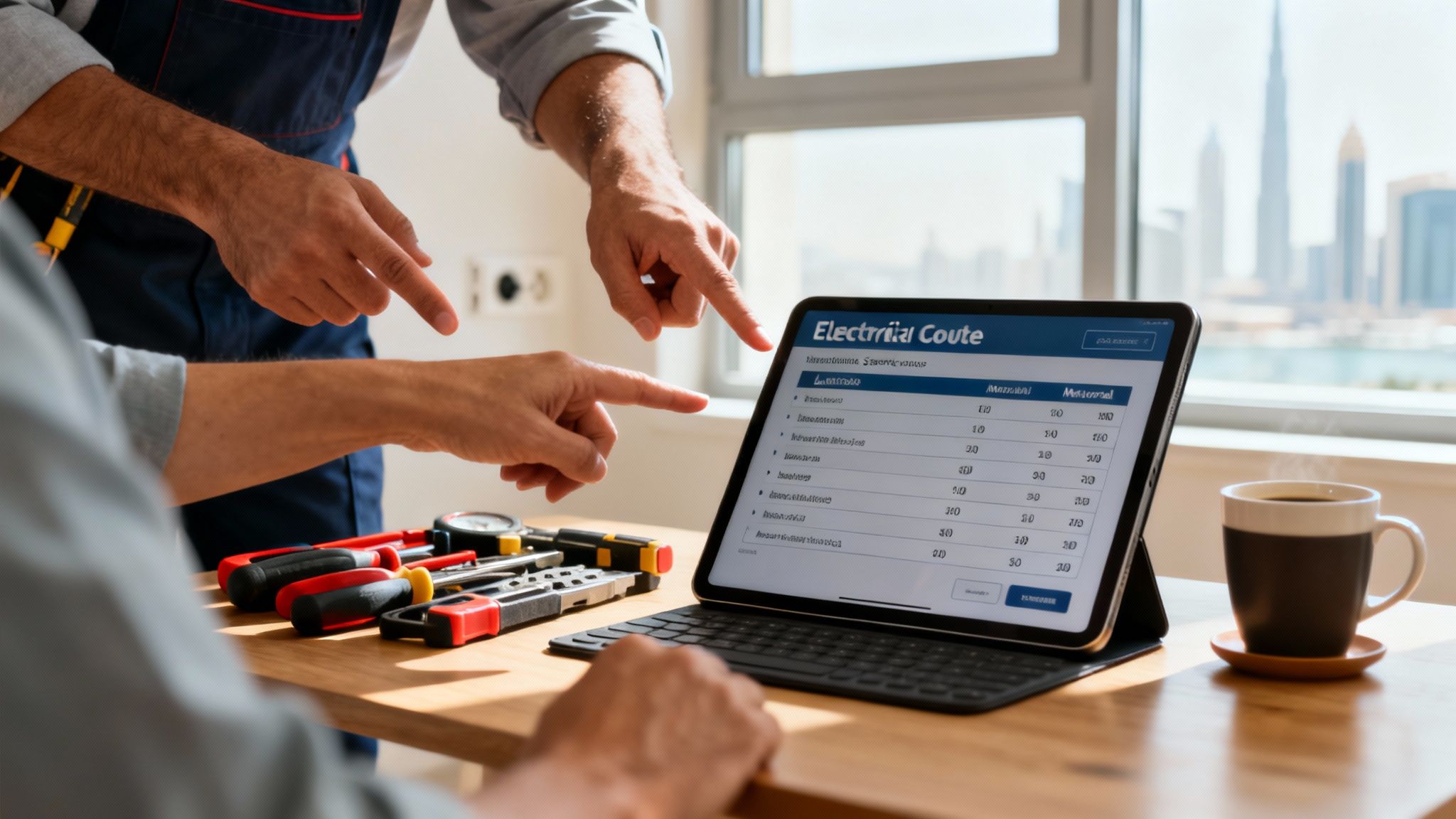 Electrician and client discussing an electrical quote on a tablet, with tools and a city view.