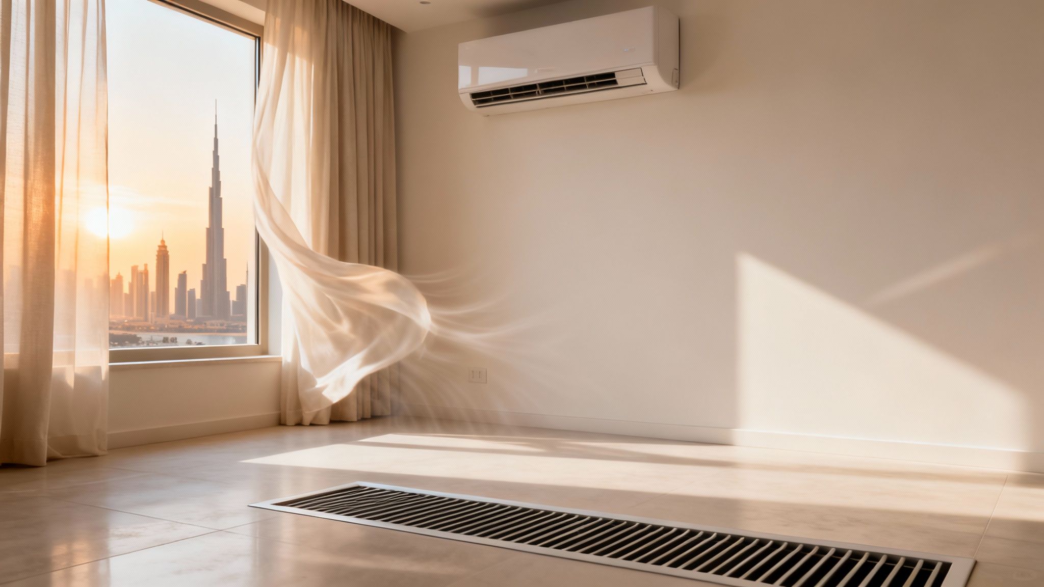 An empty, modern room with a large window overlooking the Dubai skyline at sunset, featuring an AC unit and a floor vent.