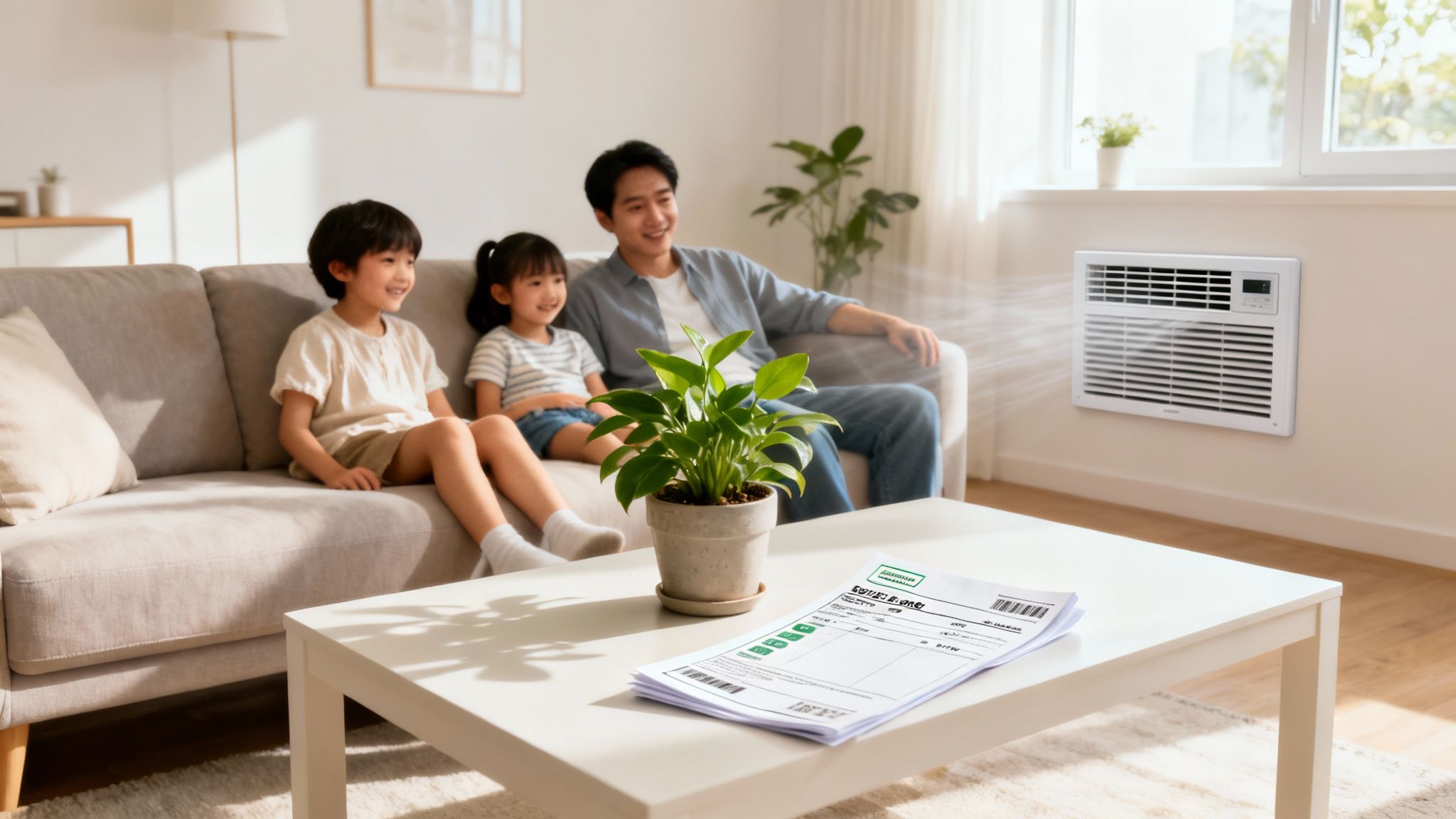 Smiling family enjoys cool air from an AC unit in their comfortable living room.
