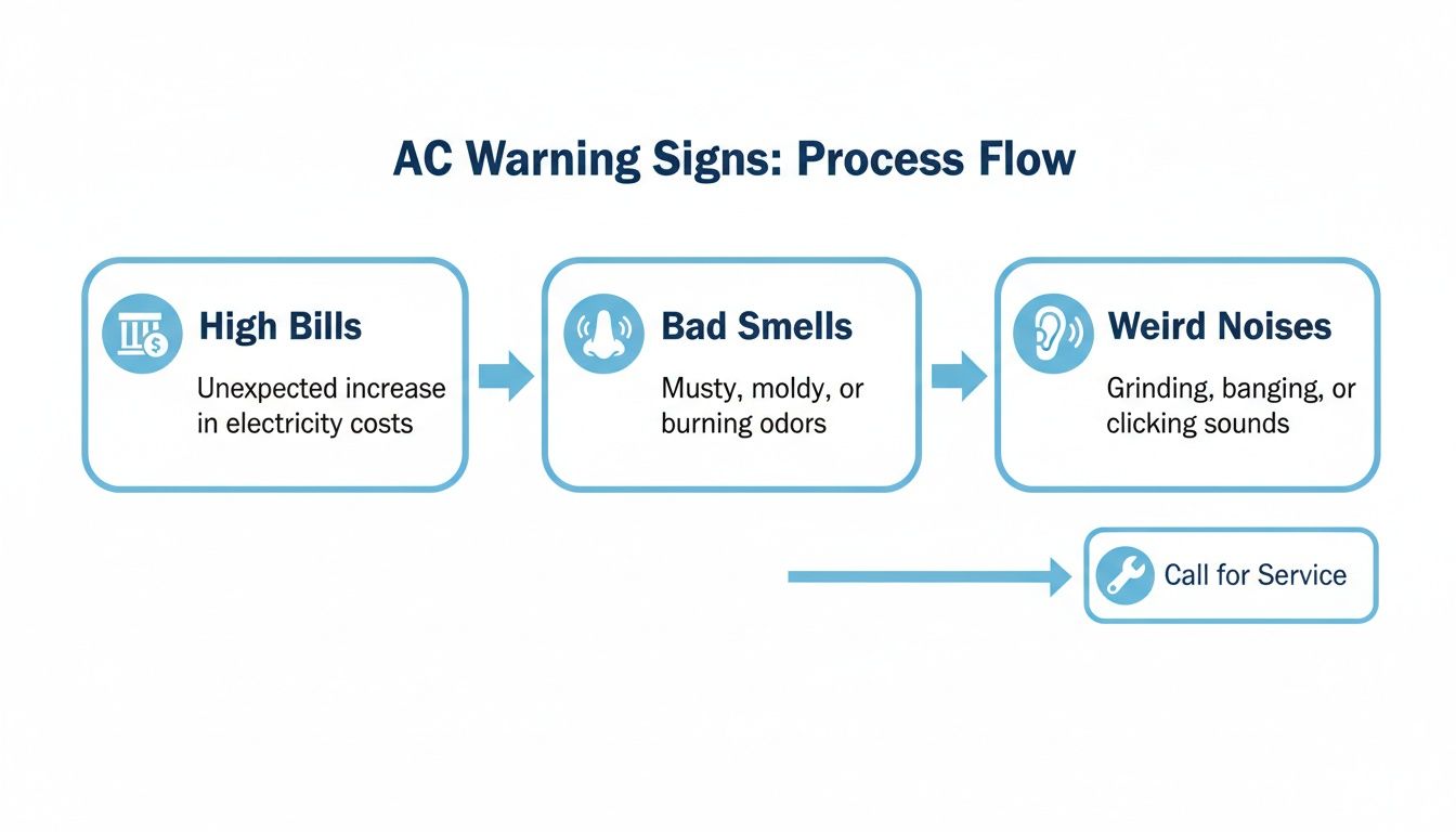 A process flow diagram illustrates AC warning signs: high bills, bad smells, and weird noises, indicating a need for service.