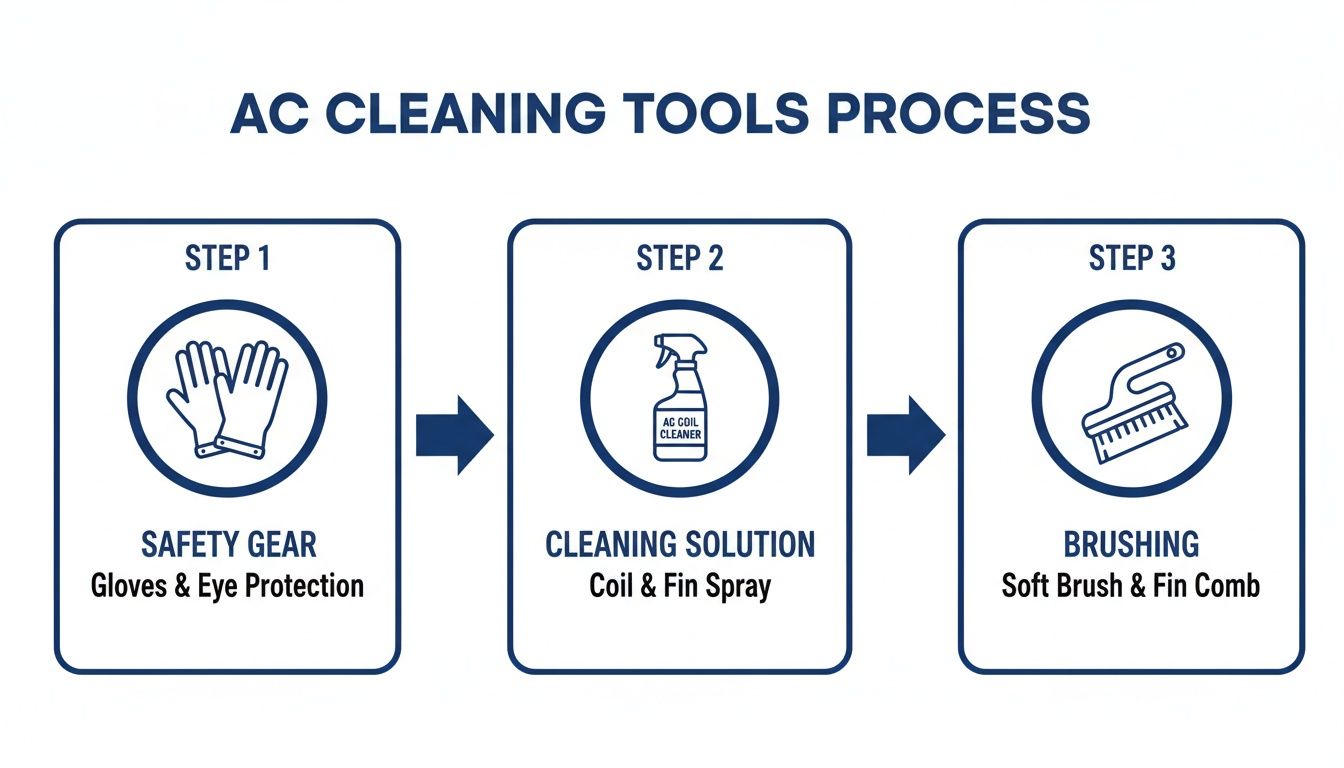 Diagram illustrating a 3-step AC cleaning process, showing safety gear, cleaning solution, and brushing tools.