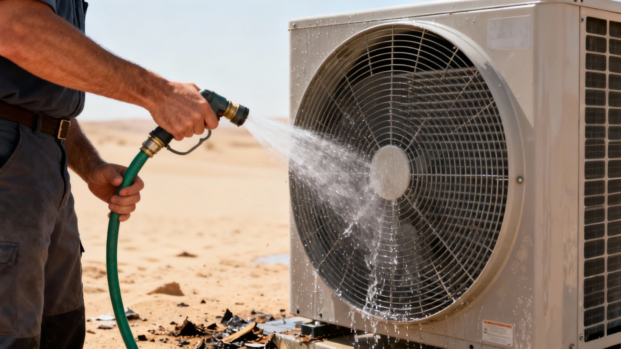 HVAC technician cleaning an outdoor AC unit's coils with a hose in a dry, sandy location.