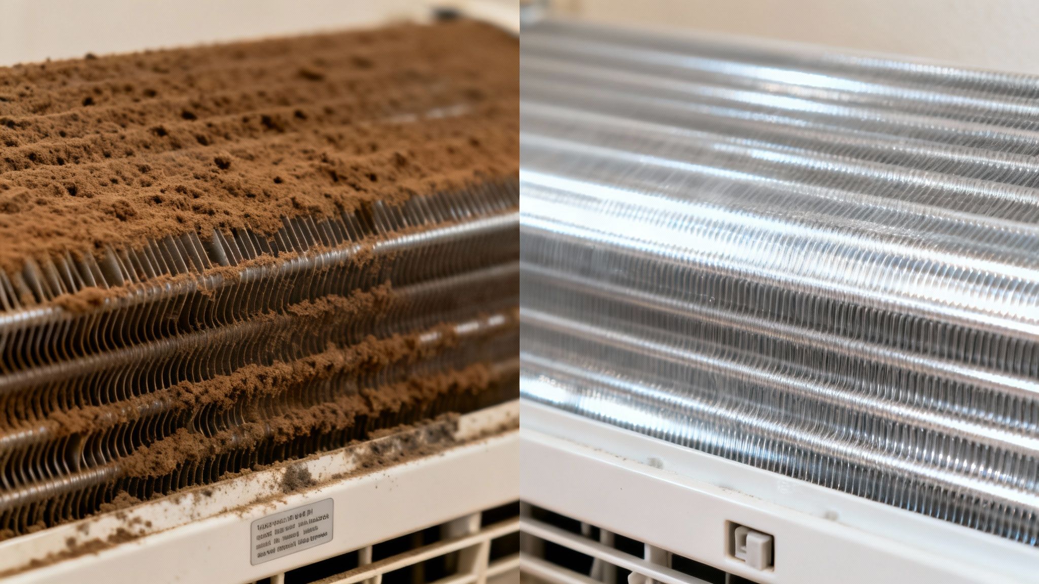 Side-by-side comparison of heavily dust-clogged and sparkling clean air conditioner coils.