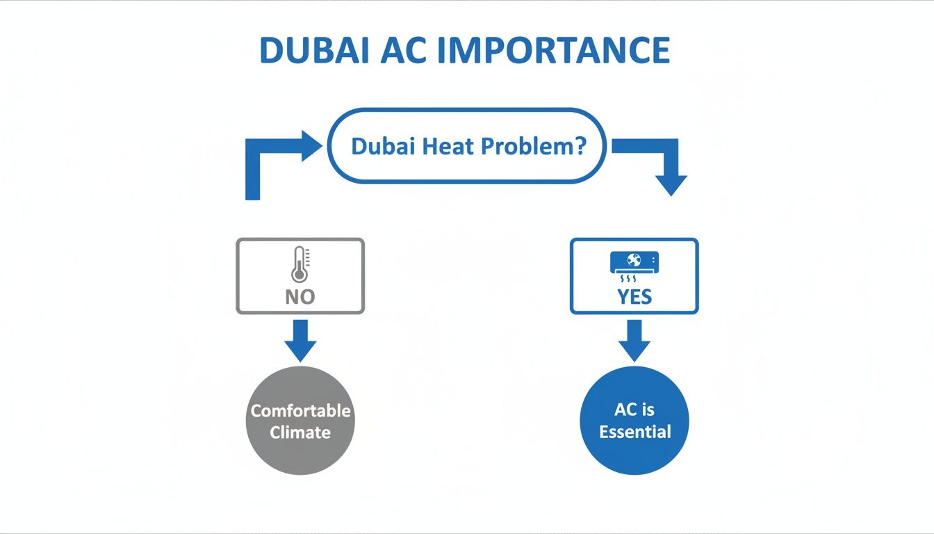 A flowchart illustrates the importance of AC in Dubai, showing that if there's a heat problem, AC is essential.