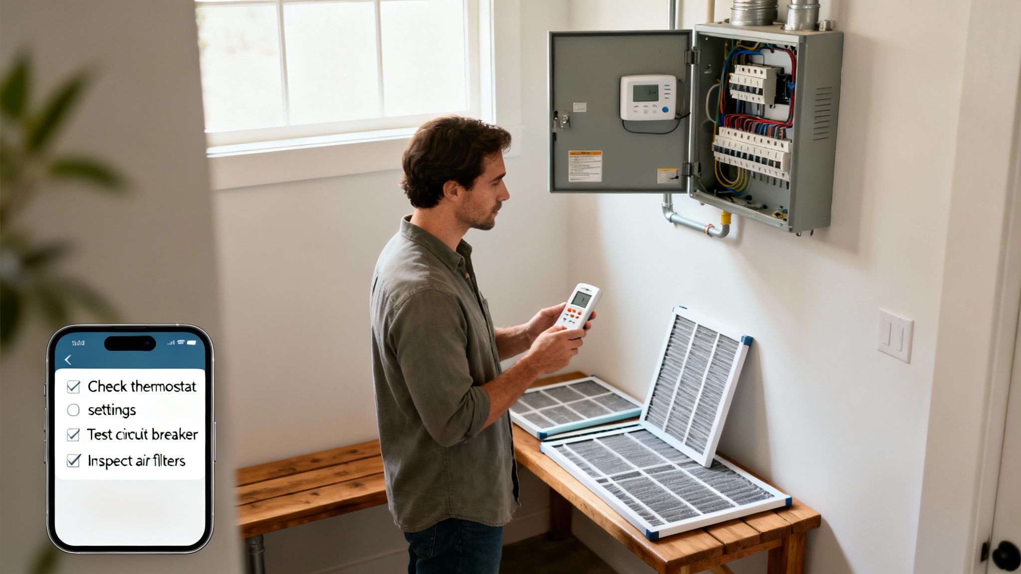 Man performing HVAC maintenance, checking an electrical panel, holding a remote, with air filters.