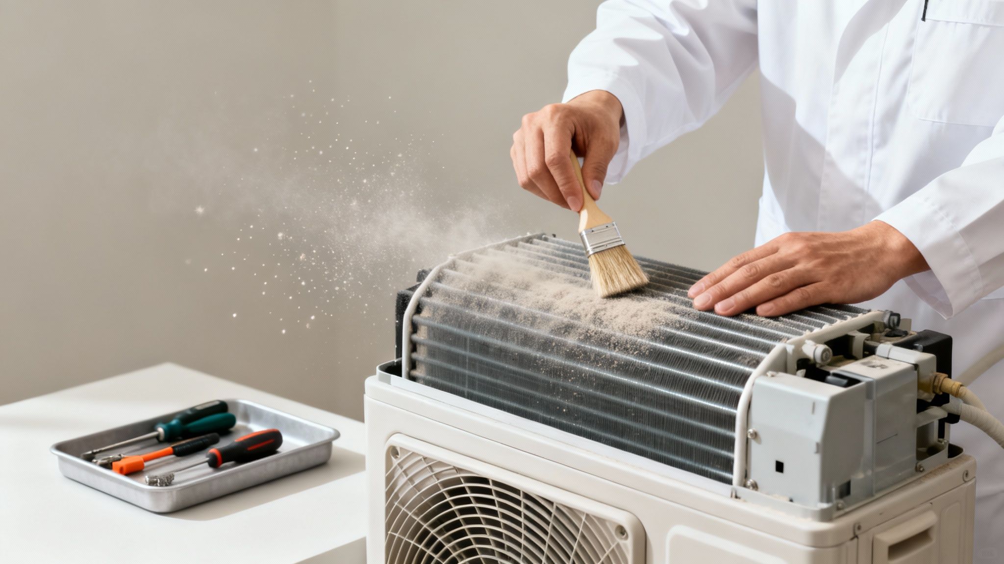 A person in a white coat meticulously cleaning a dusty air conditioner unit with a brush, with dust particles visible in the air.