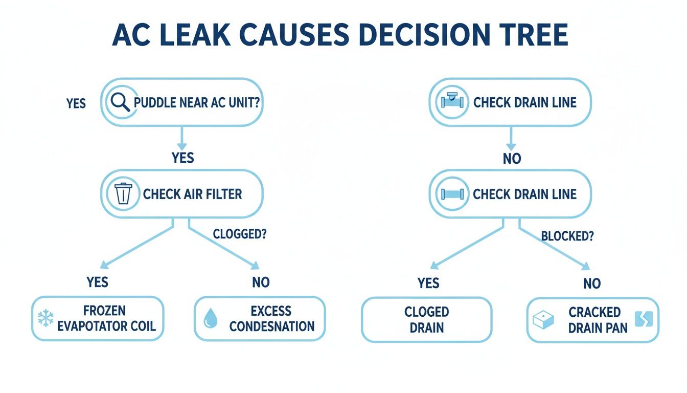 AC leak causes decision tree flowchart, guiding diagnosis of issues like frozen coils, condensation, clogged, or cracked drain.