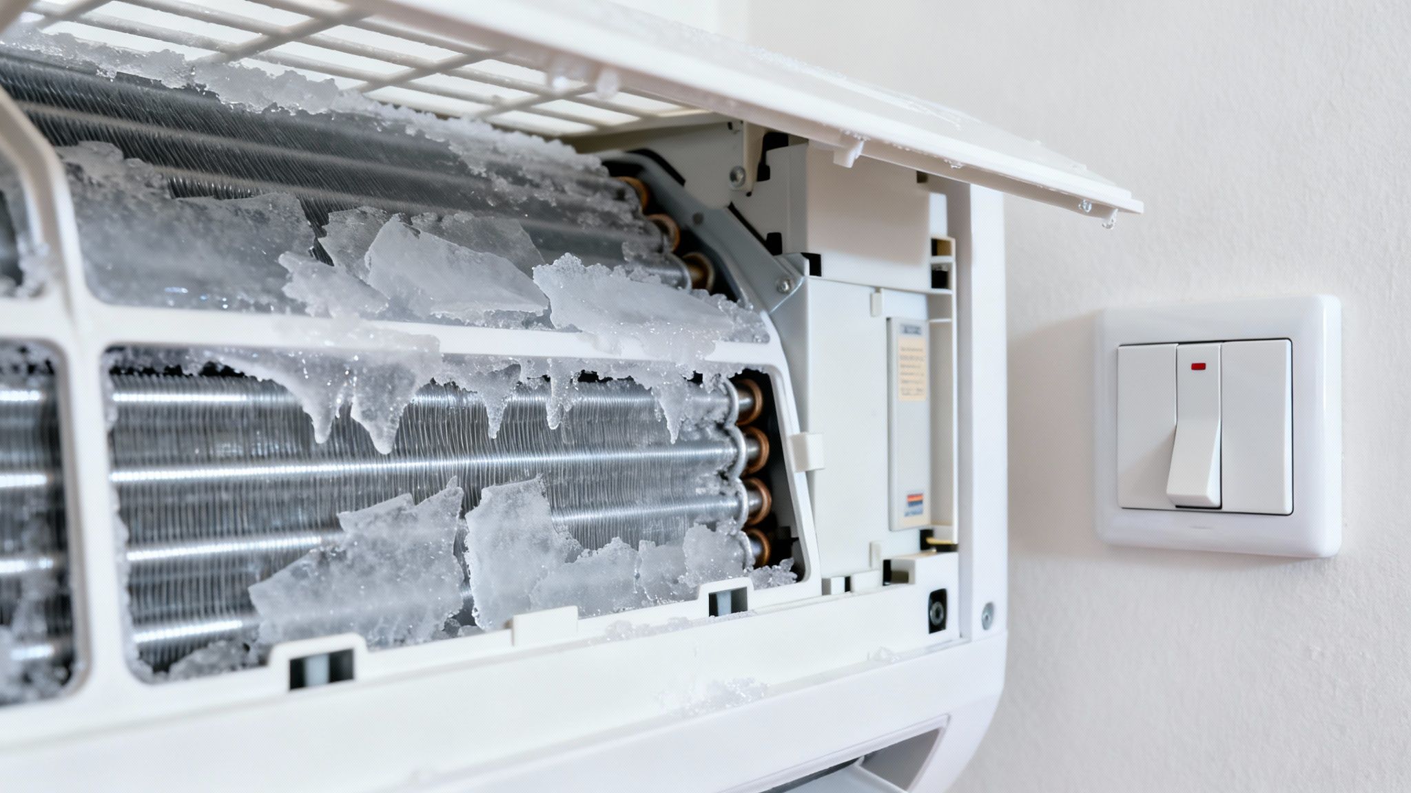 Close-up of an air conditioner unit with its cover open, showing frozen coils covered in ice and icicles.