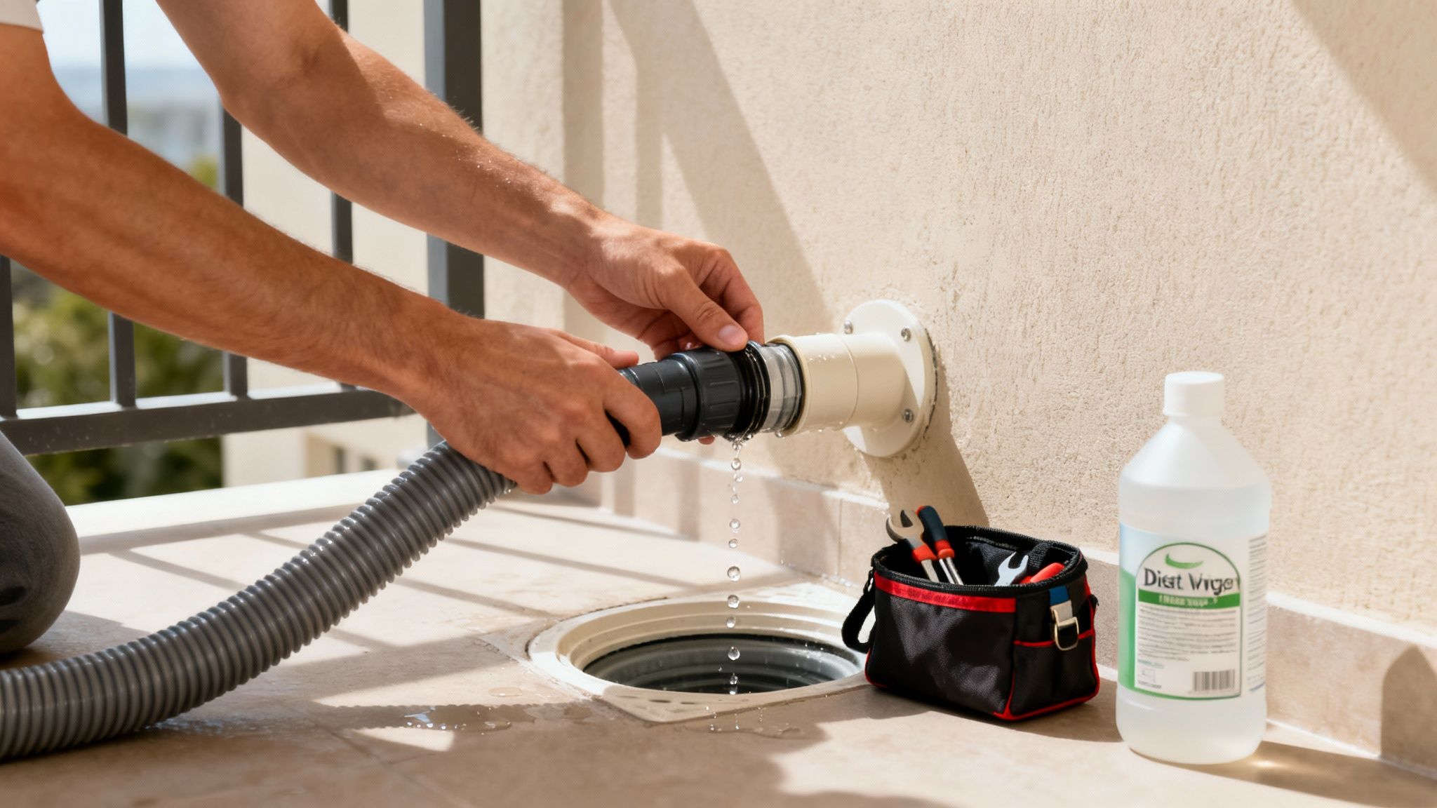 A person connects a grey hose to a wall drainage pipe on a balcony, with water dripping.