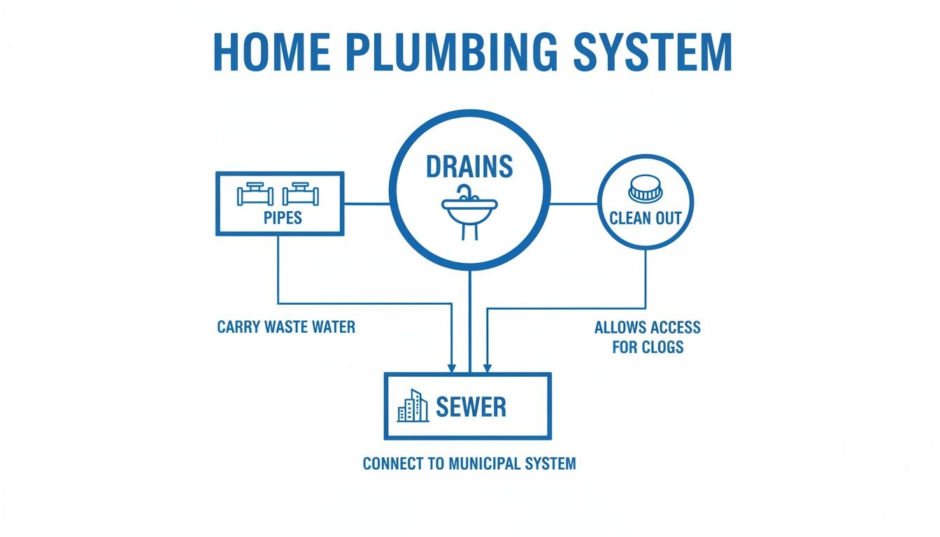 Diagram illustrating a home plumbing system, showing pipes, drains, clean-out access, and connection to the municipal sewer.