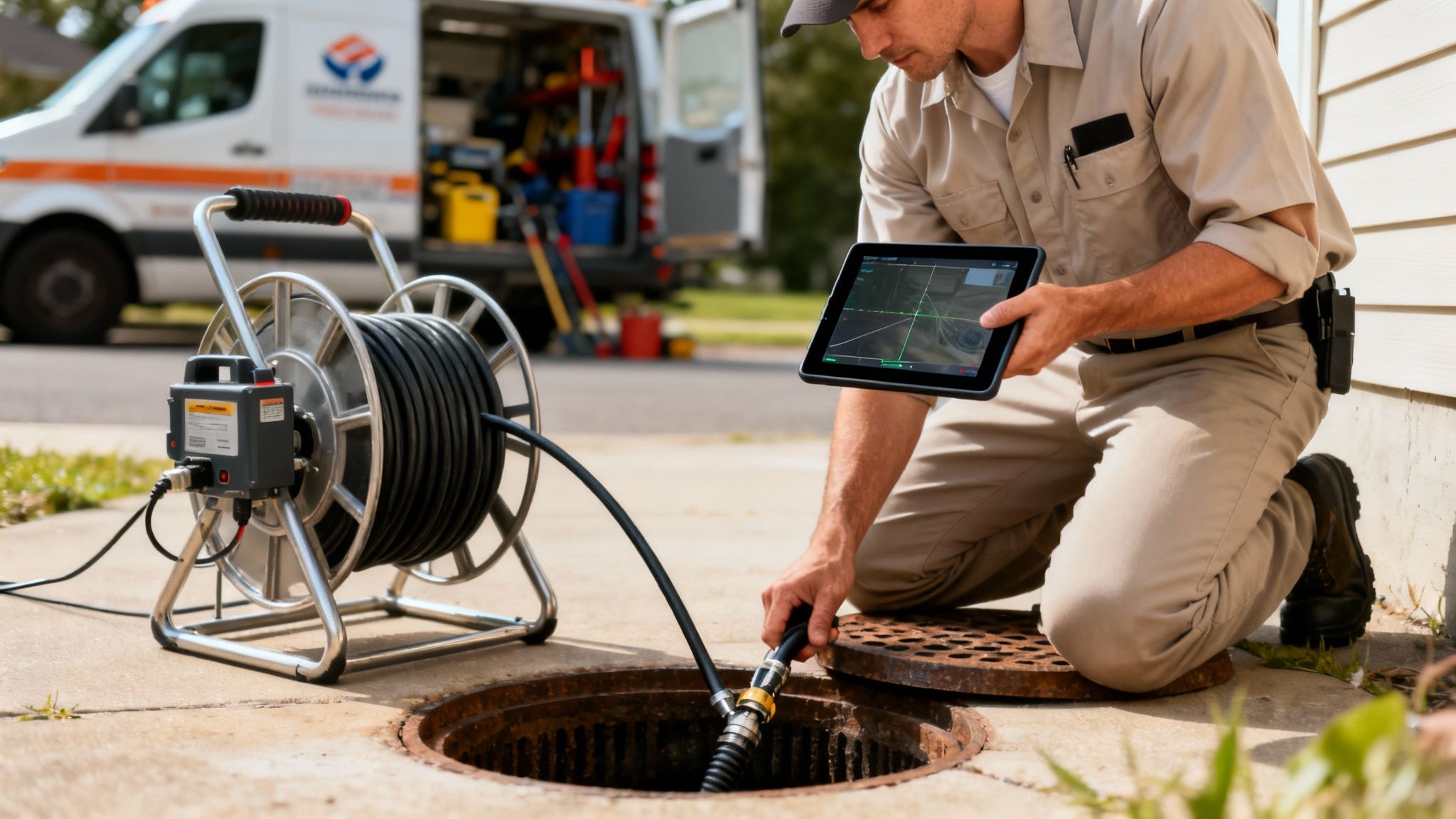 Plumber inspects a drain with a camera reel and tablet, service van in background.
