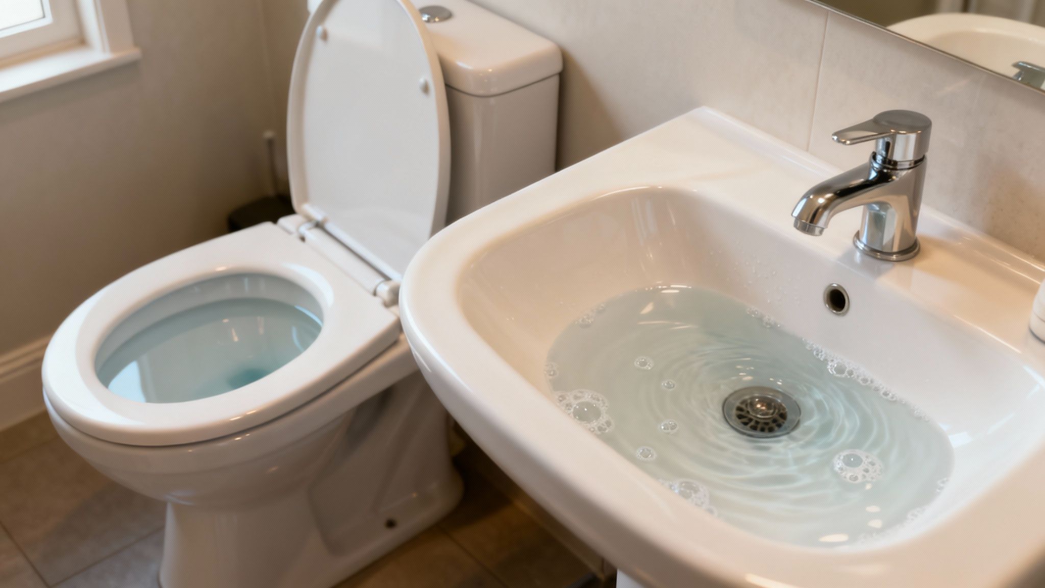 A bathroom showing a white toilet with its lid up and a sink filled with water, indicating a plumbing problem.
