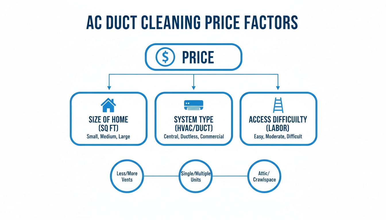 Flowchart detailing AC duct cleaning price factors like home size, system type, and access difficulty.