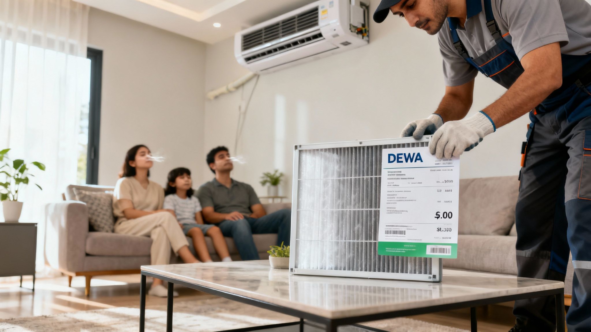 An AC technician shows a new DEWA air filter to a family breathing clean air at home.