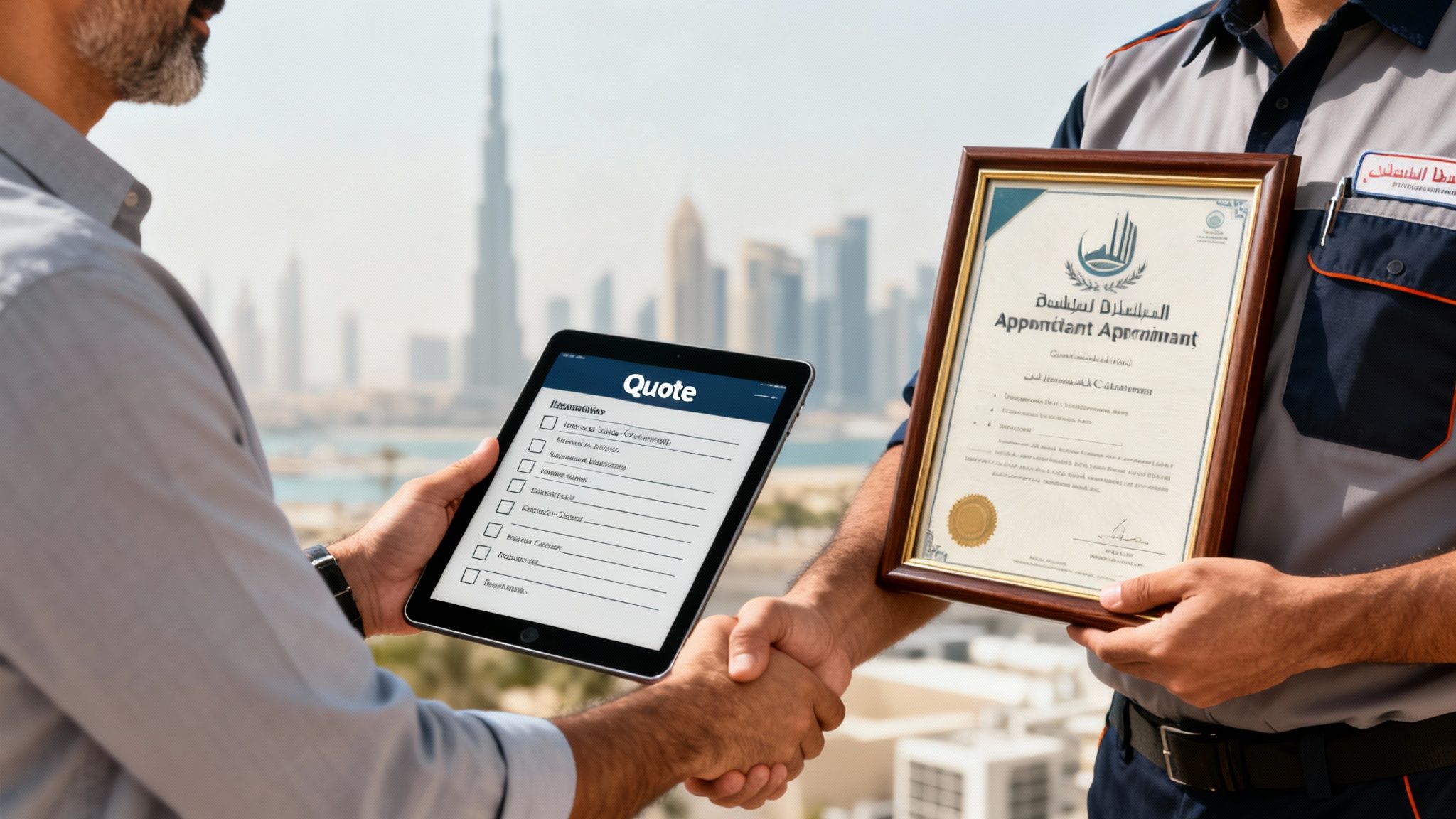 Two men shaking hands, one holding a 'Quote' tablet, the other a certificate, with a Dubai cityscape.