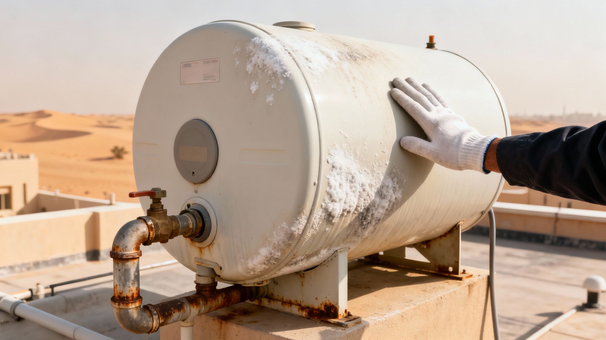 A gloved hand inspects a dirty, rusty rooftop water heater tank in a desert environment.