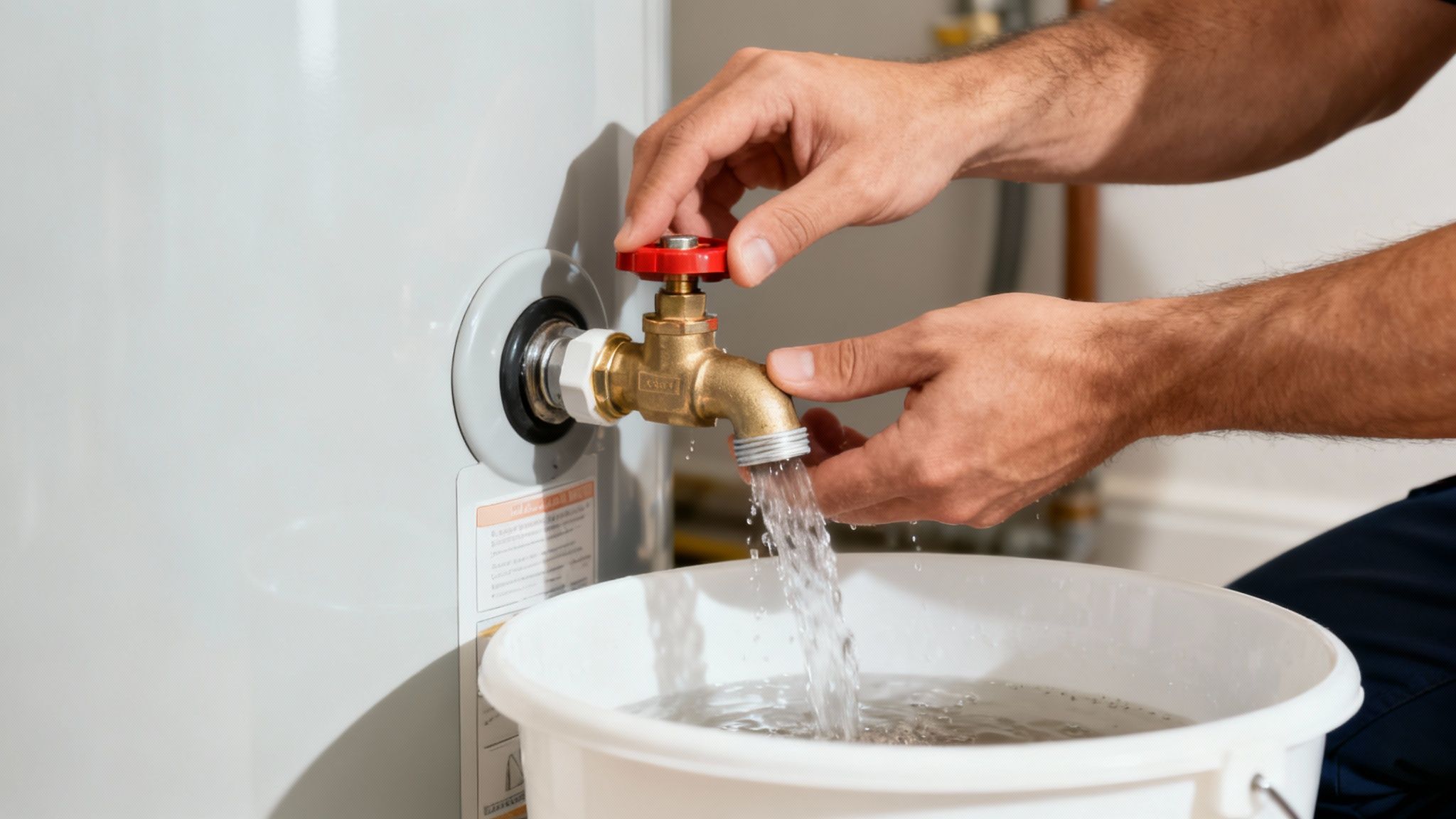 A person's hands operating a brass valve on a water heater, draining water into a white bucket for maintenance.