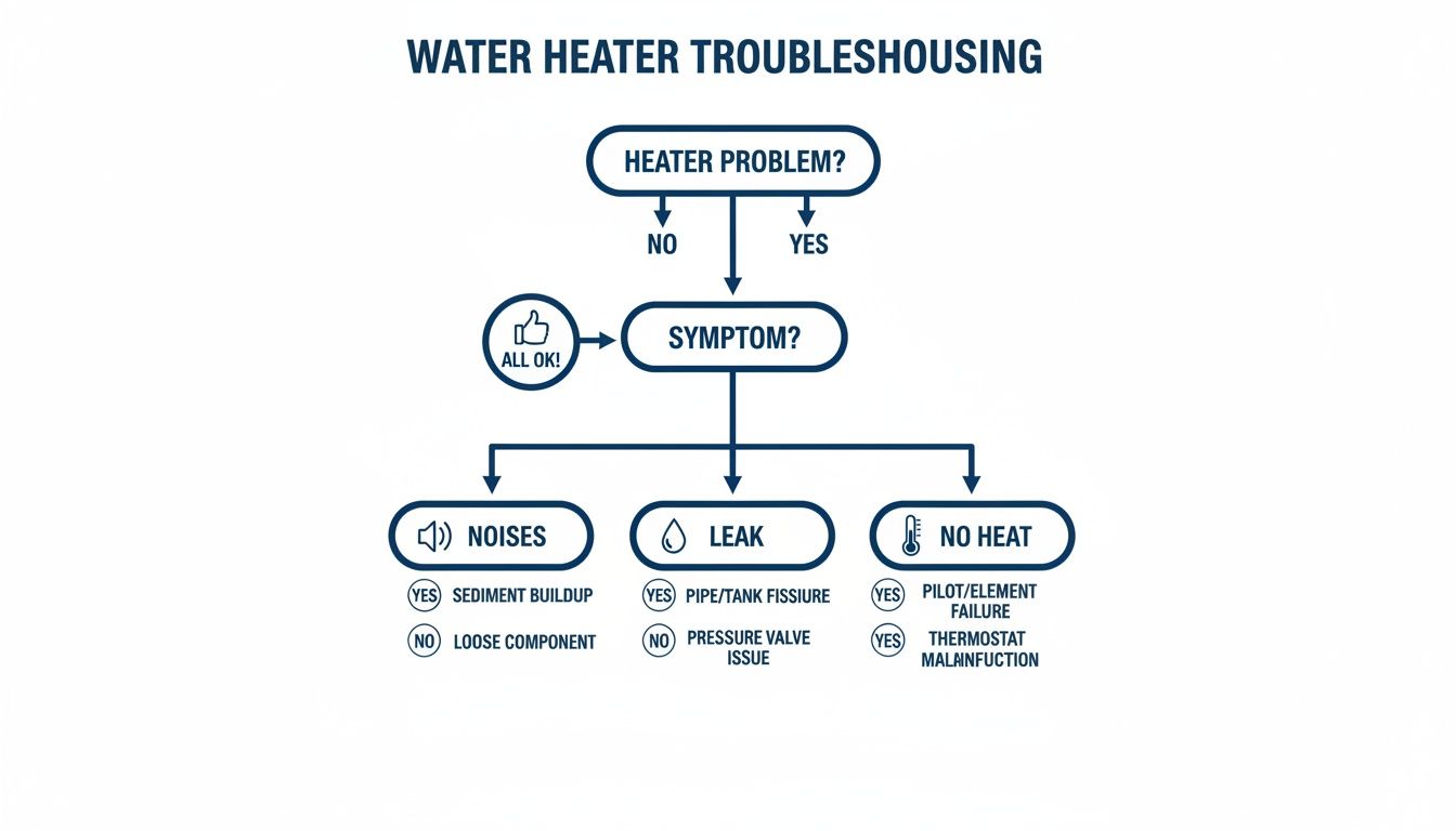 Flowchart illustrating water heater troubleshooting steps for common problems like noises, leaks, and no heat.