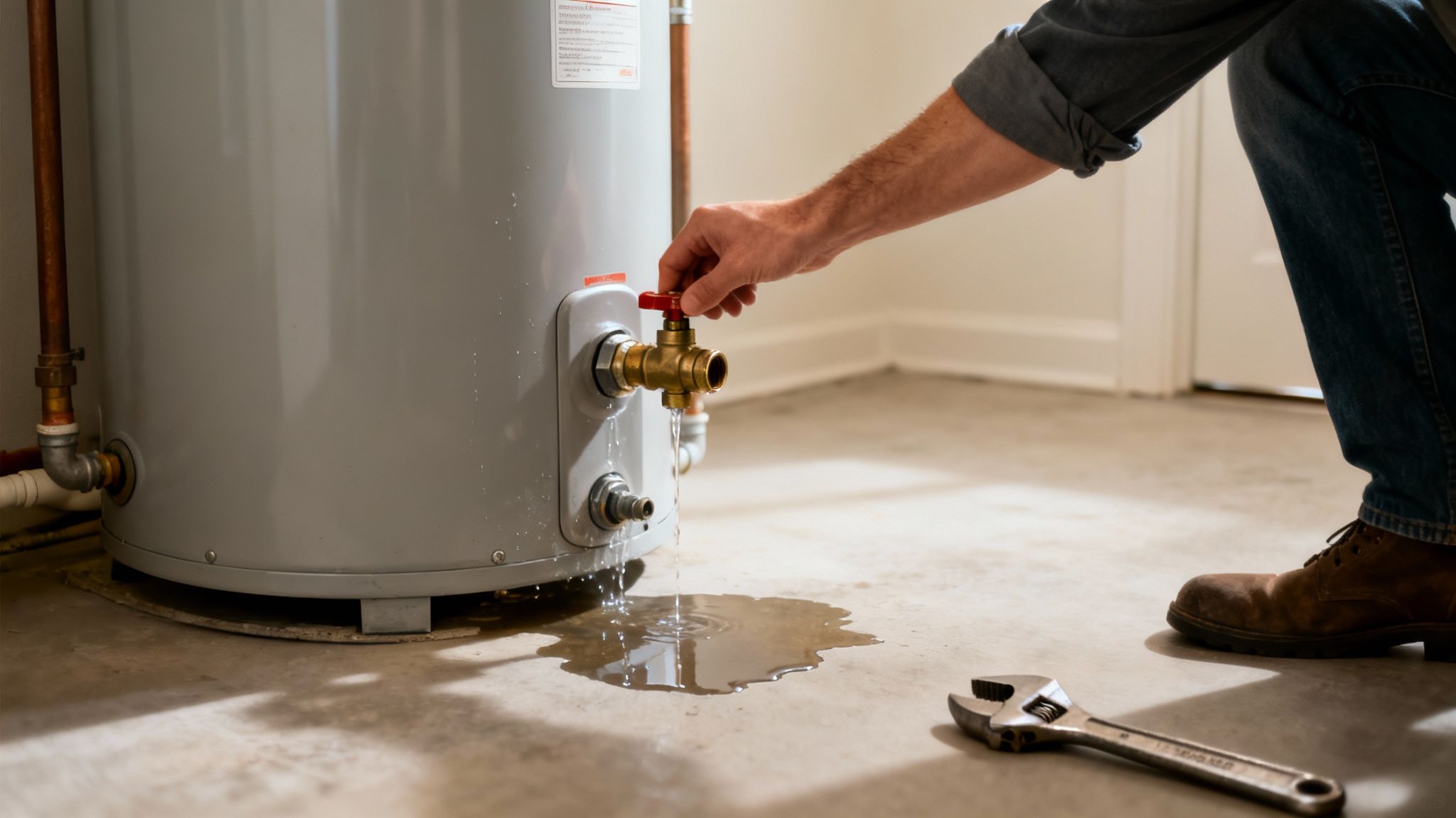 A person's hand turns a valve on a leaking water heater, with water pooling on the floor.