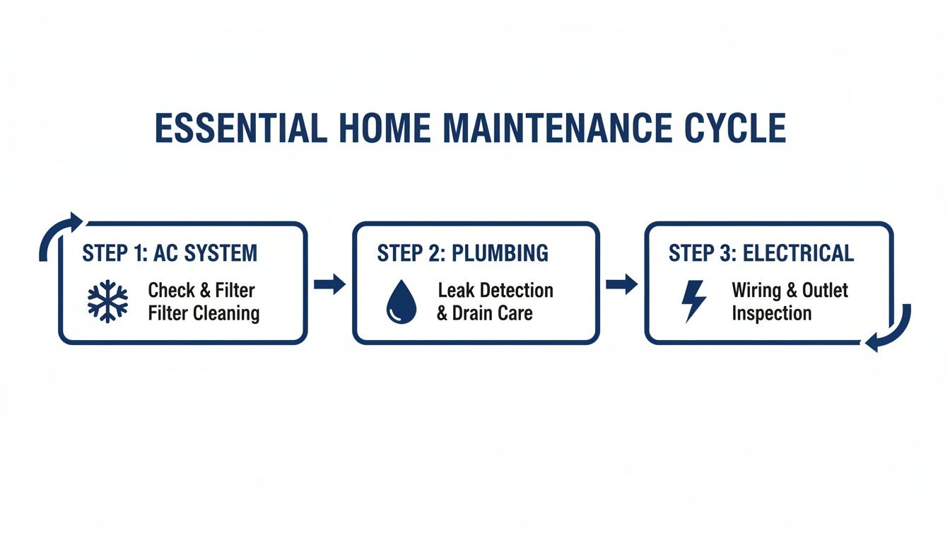 Infographic showing an essential home maintenance cycle with steps for AC, plumbing, and electrical systems.