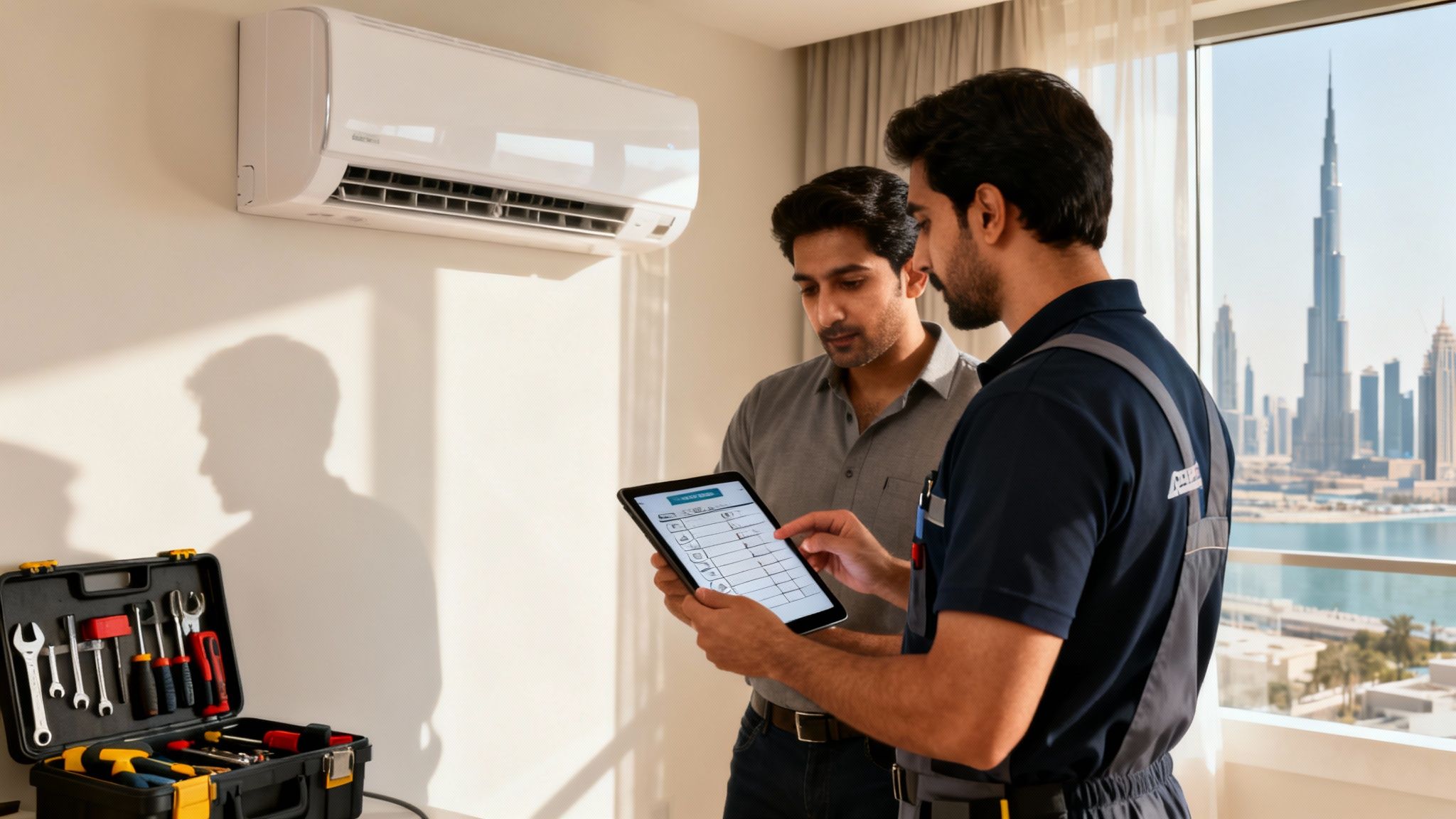 A technician and client discuss AC maintenance details on a tablet in a Dubai apartment.