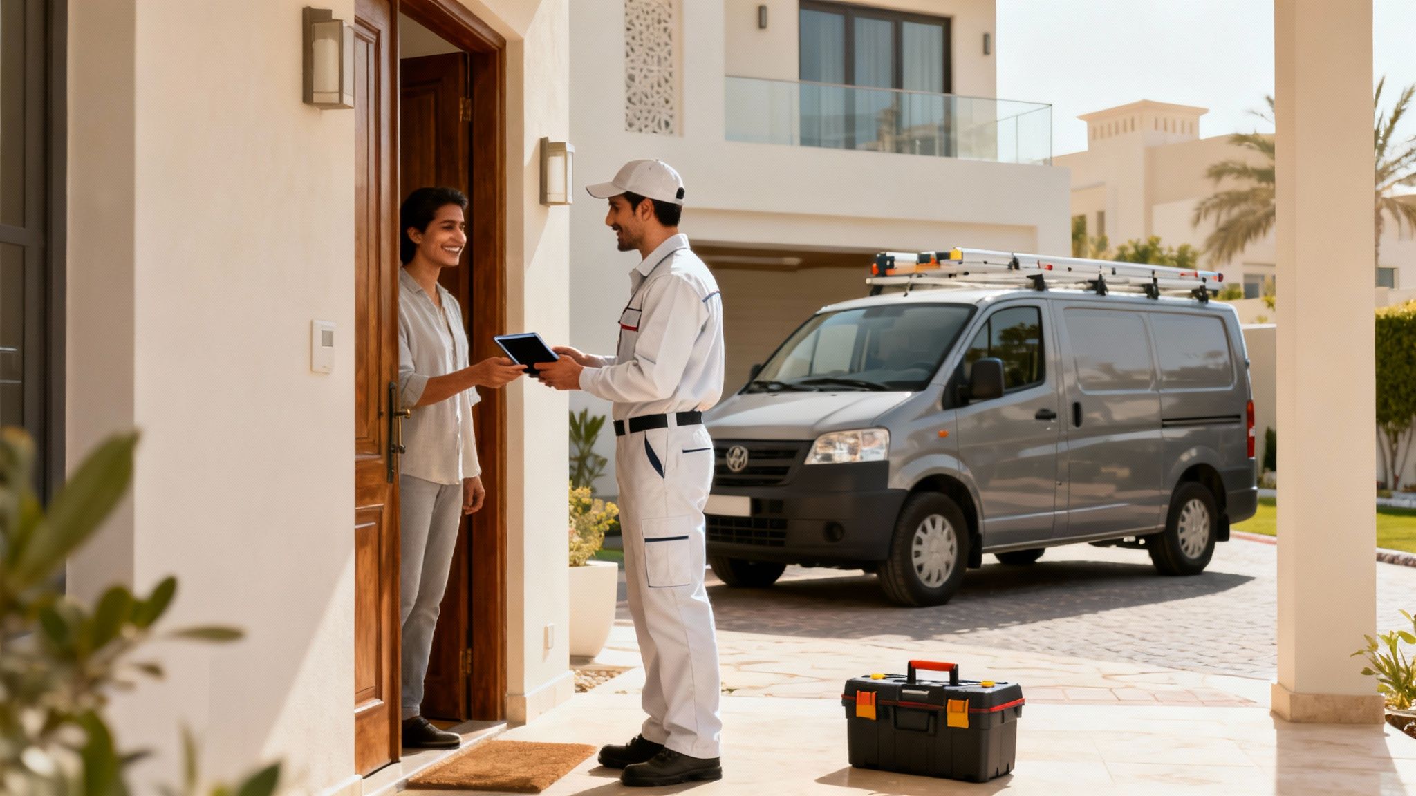 A uniformed service technician hands a tablet to a woman at the entrance of her house.