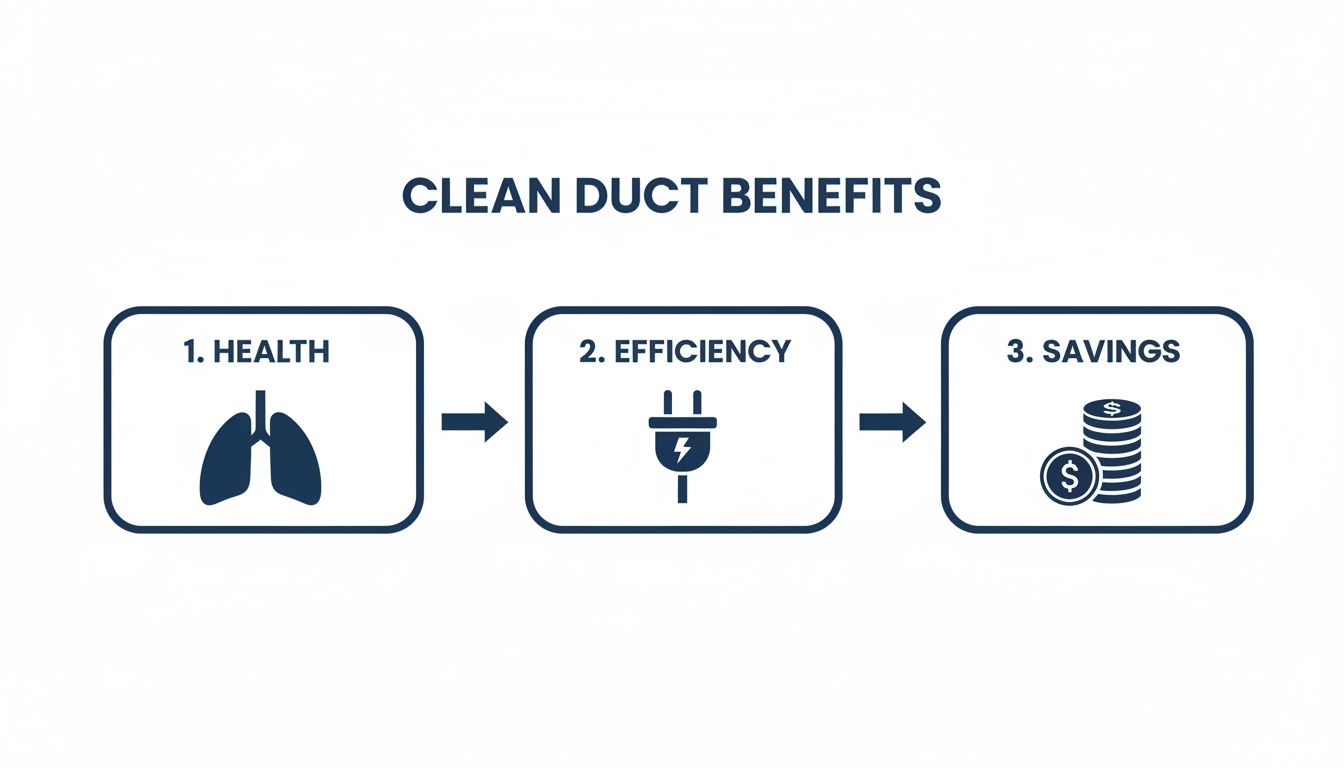 Flowchart outlining the three main benefits of clean duct services: health, efficiency, and savings.