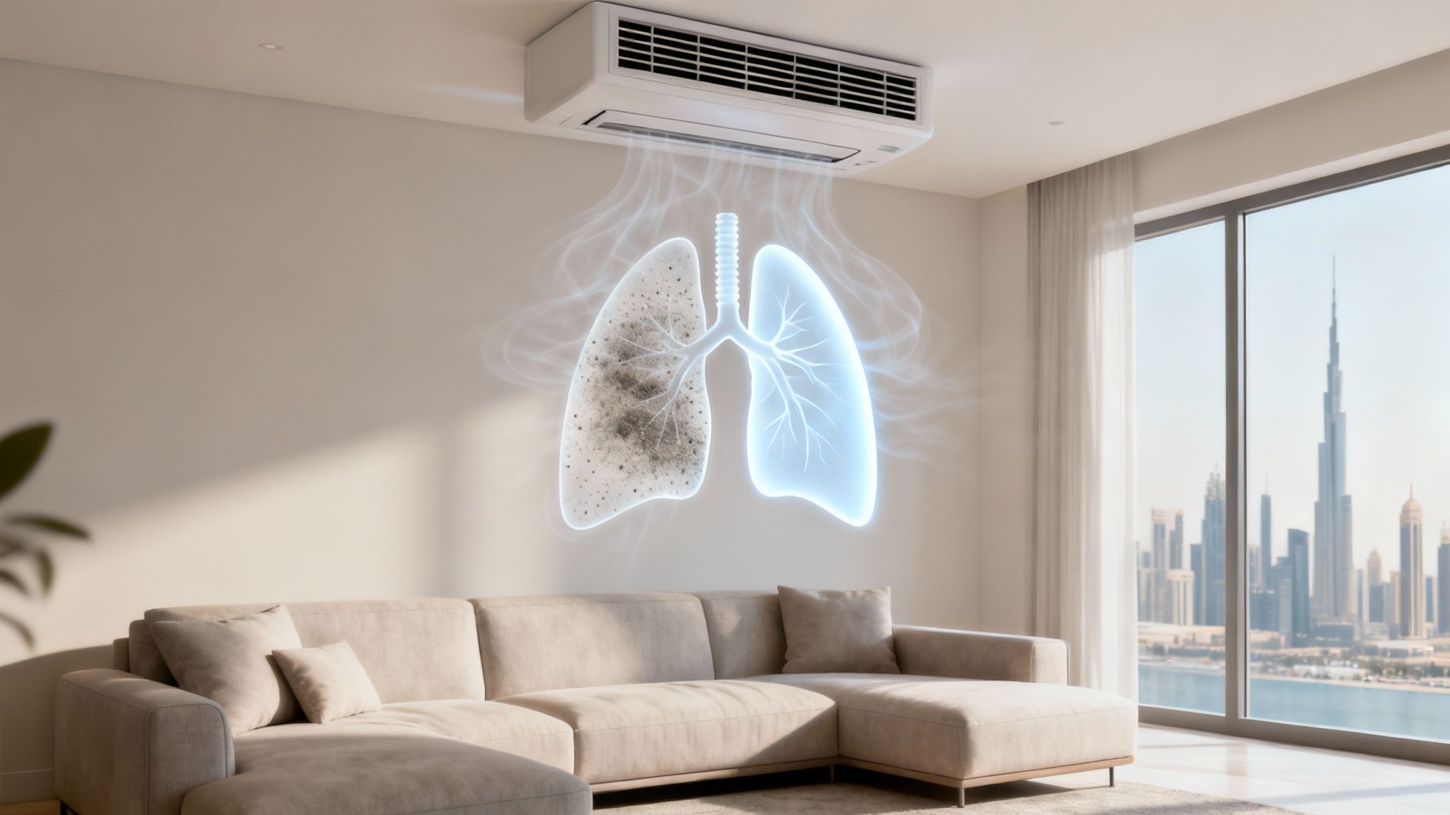 An air conditioner purifies air, illustrating one dirty lung and one clean lung, symbolizing improved health.