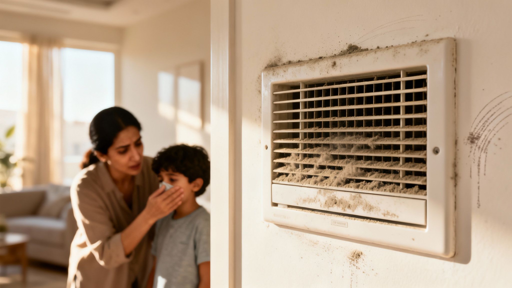 A dirty air conditioning vent covered in dust, next to a mother comforting her child.
