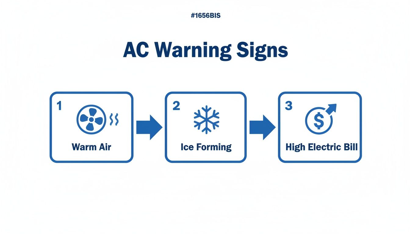 Illustrative diagram depicting three common AC warning signs: warm air, ice forming, and high electric bills.