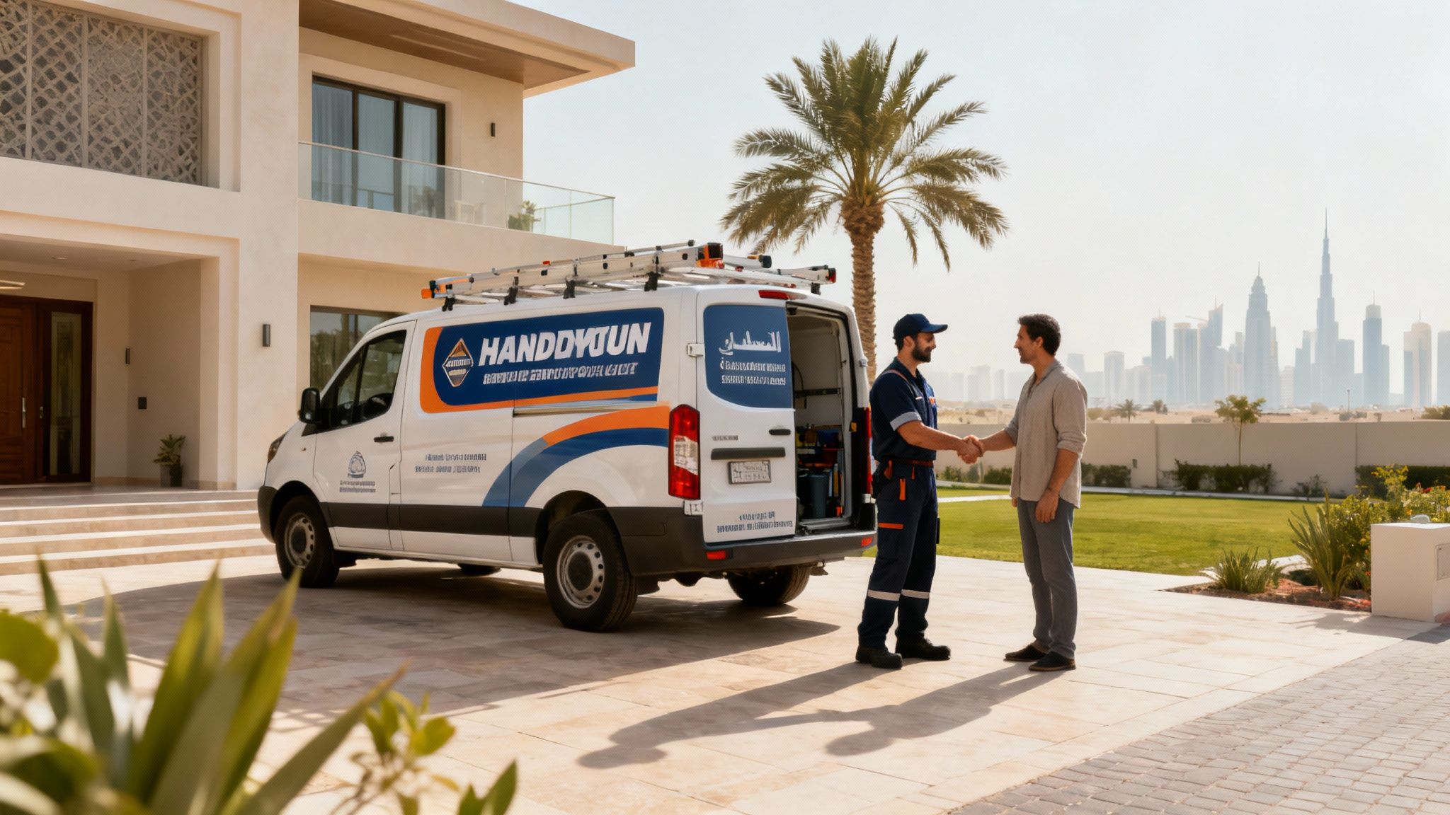 A uniformed handyman shakes hands with a customer in front of a modern house, service van, and city skyline.