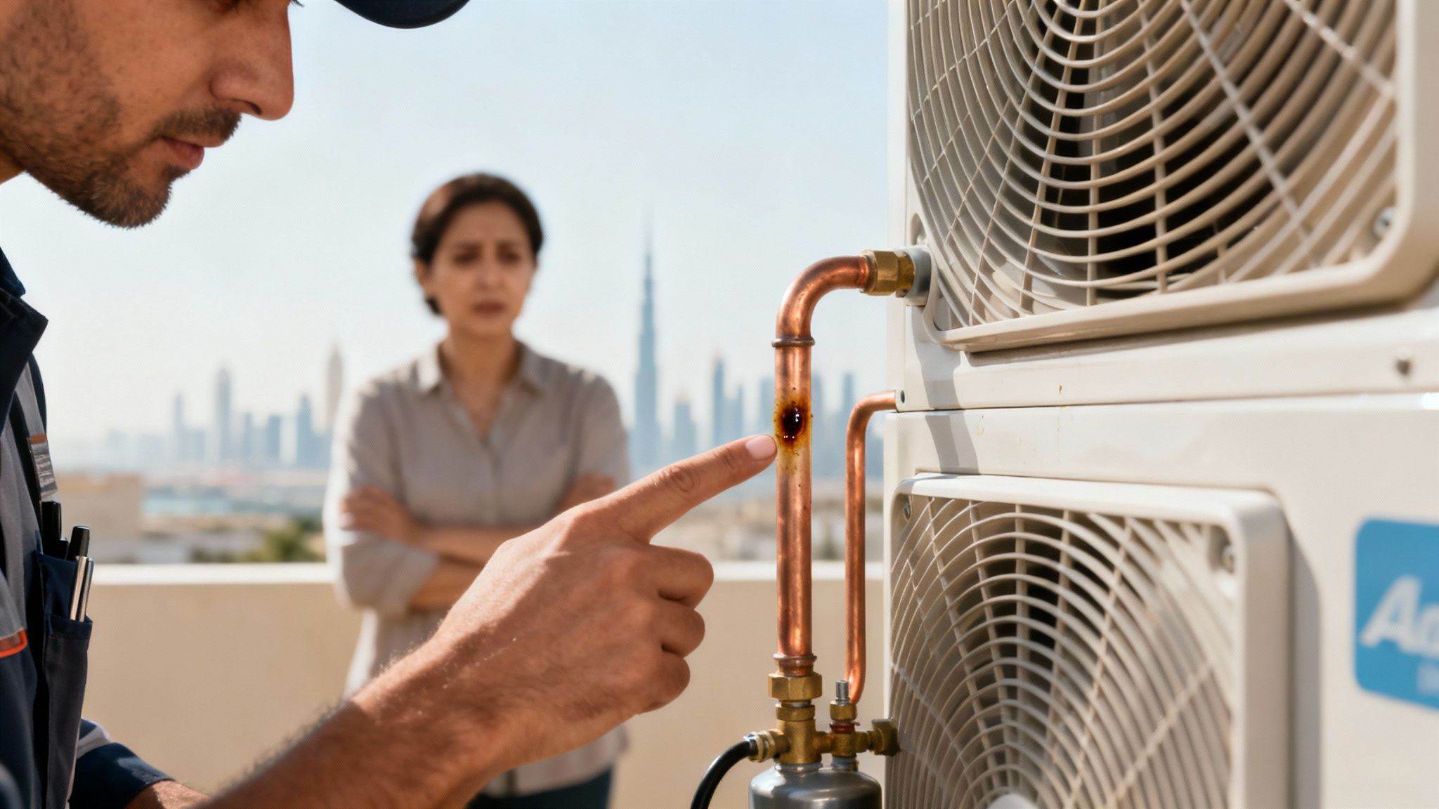 Technician points at a corroded copper pipe on an outdoor AC unit as a woman watches, with a city skyline behind.