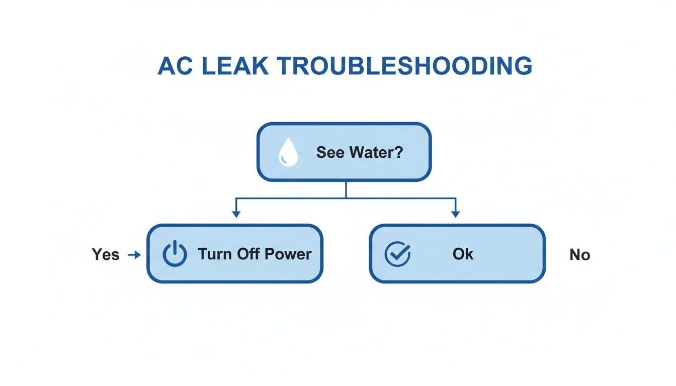 AC leak troubleshooting flowchart, guiding users to turn off power if water is seen, or confirming no leak.