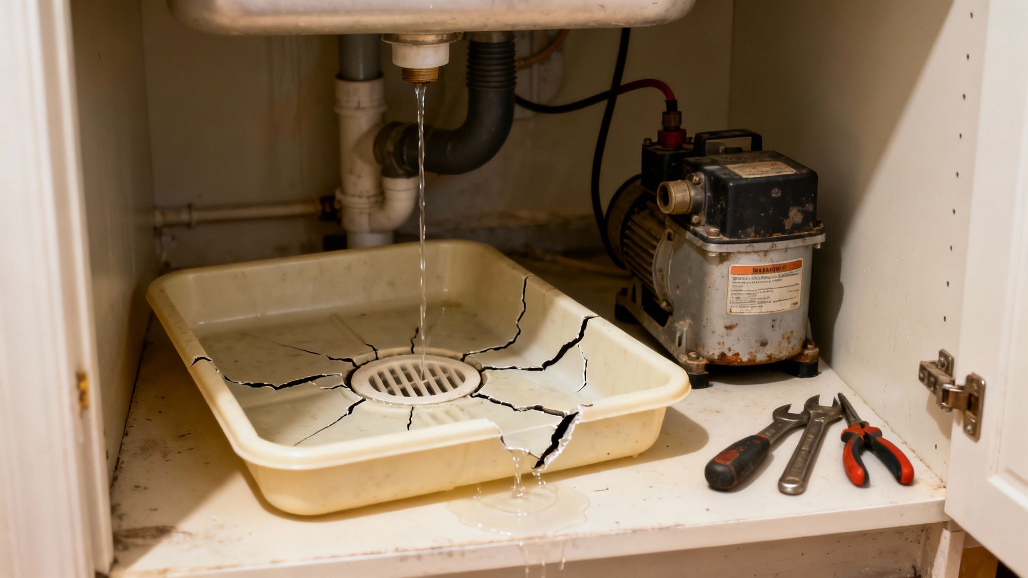 Water leaking from a sink pipe into a broken plastic tray, overflowing onto the cabinet shelf.