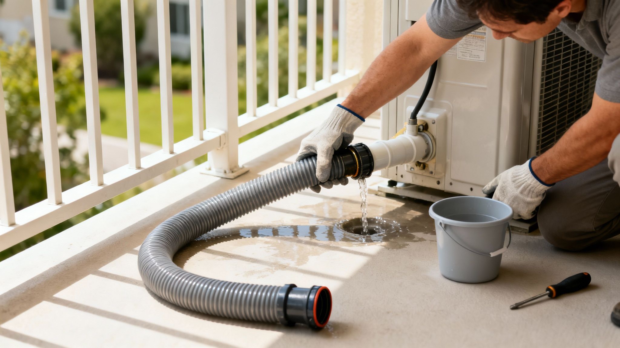 A person wearing gloves drains water from an AC unit with a hose into a floor drain on a balcony.