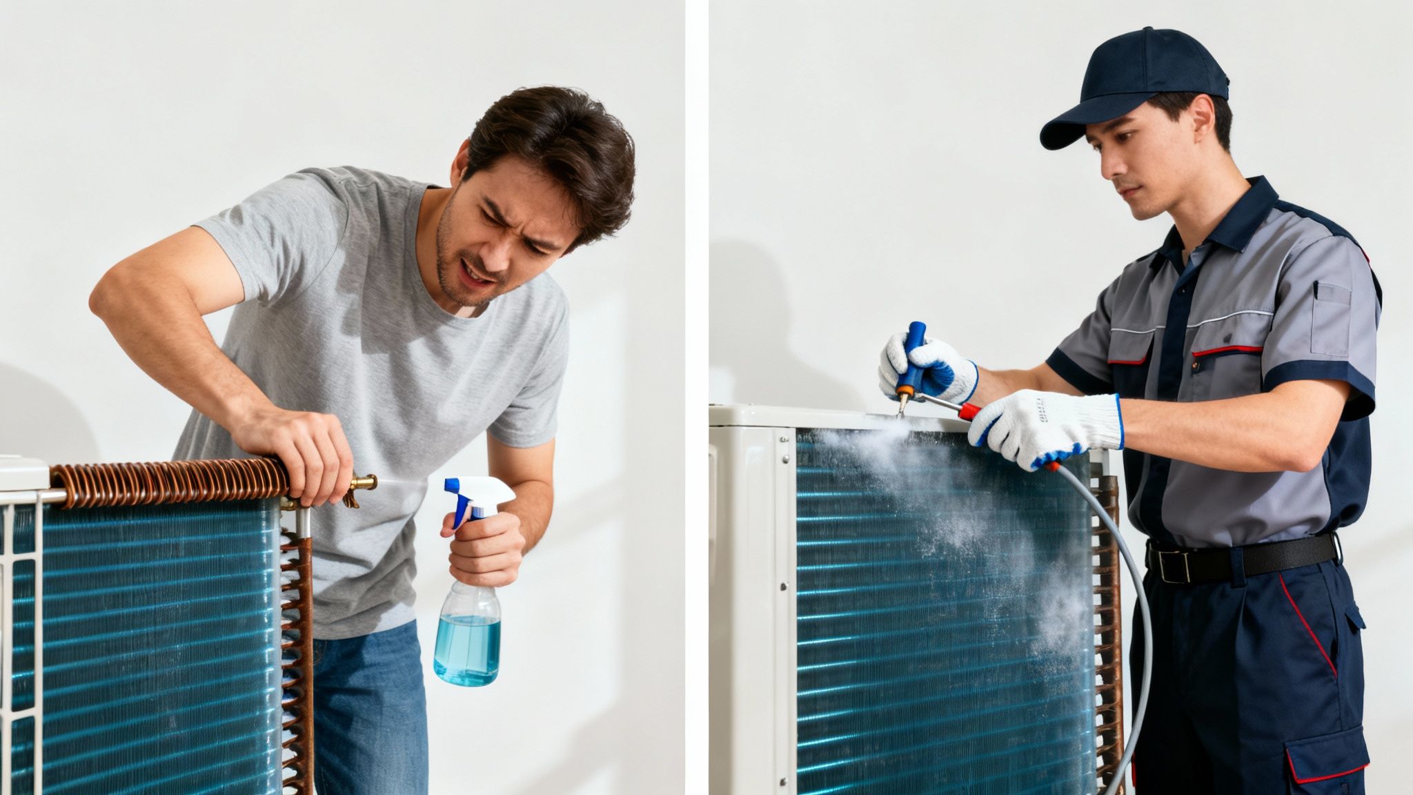 Two scenes of air conditioner coil cleaning: one DIY with spray, one professional with specialized tools.