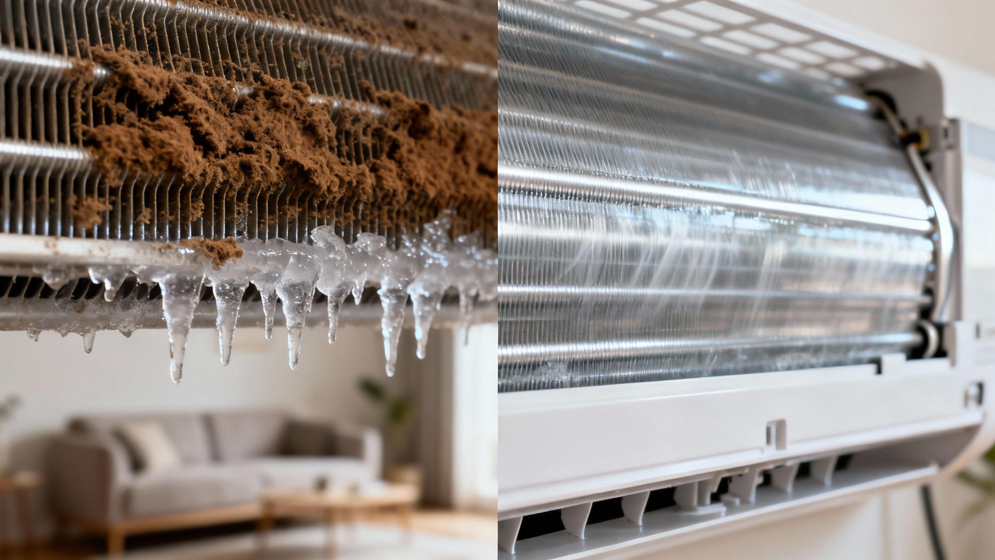 Before and after comparison of a dirty, iced-up air conditioner coil and a clean, water-rinsed one.