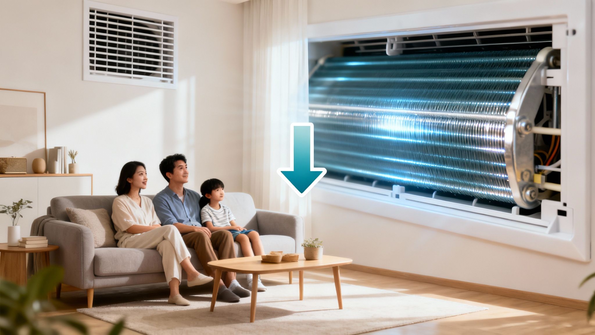 Family enjoys fresh air from an air conditioner with a visibly clean and glowing coil.
