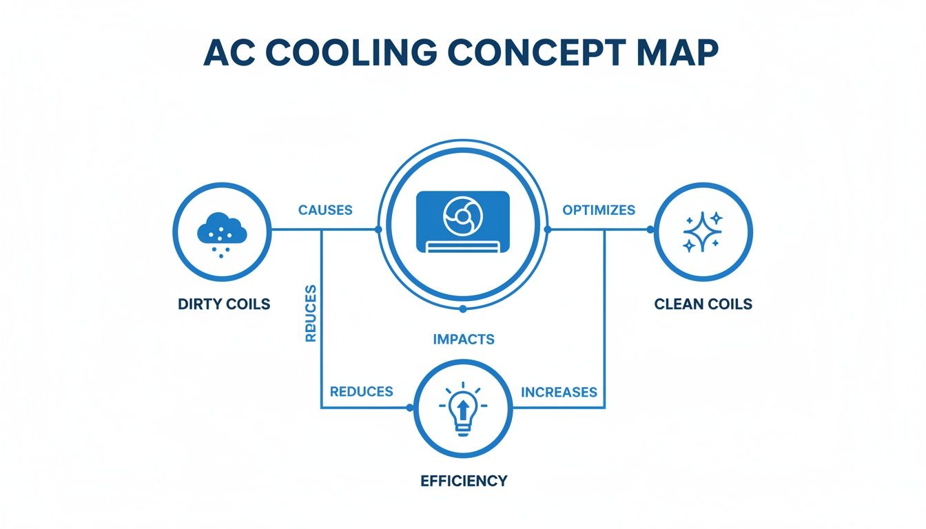 A concept map illustrating how dirty coils reduce AC cooling efficiency, while clean coils optimize performance.