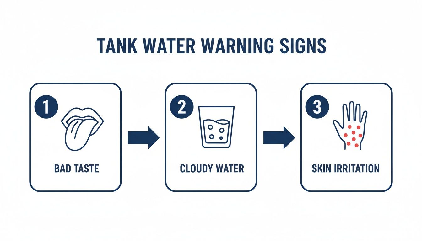 Diagram showing three tank water warning signs: bad taste, cloudy water, and skin irritation.