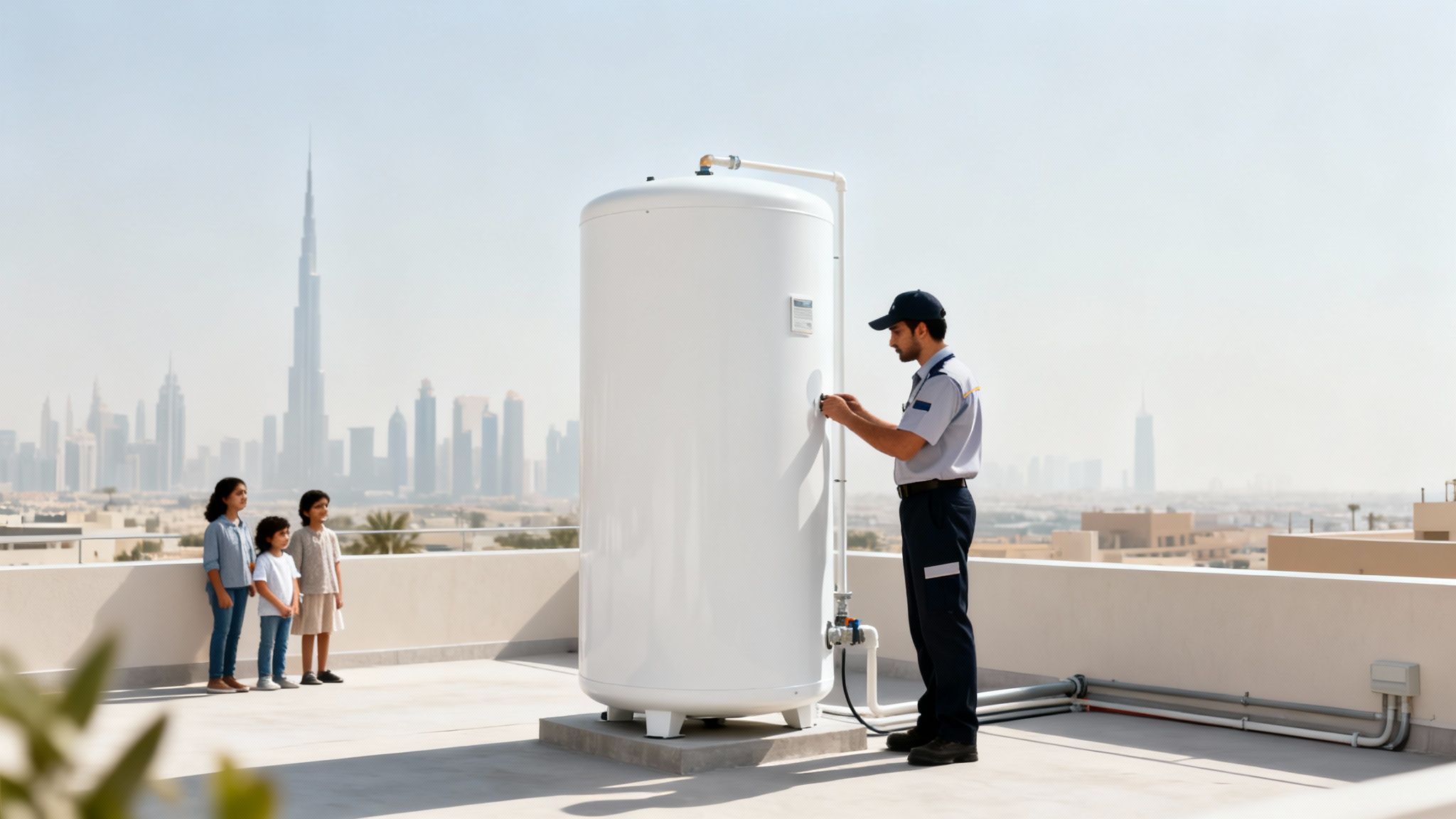 Technician servicing a large white water tank on a rooftop, with children and a cityscape.