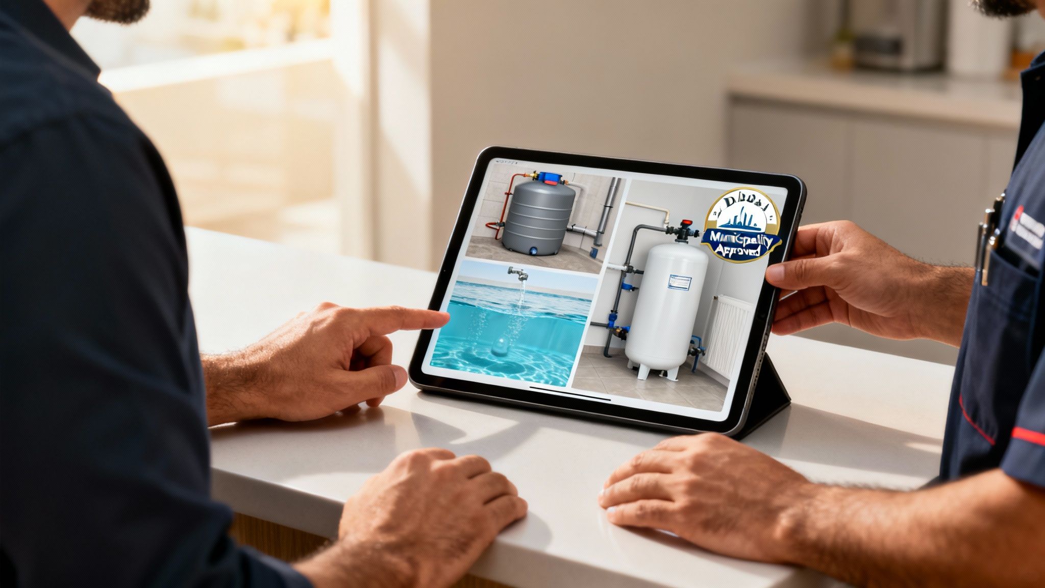 Two men reviewing water purification systems and a 'Municipality Approved' badge on a tablet.
