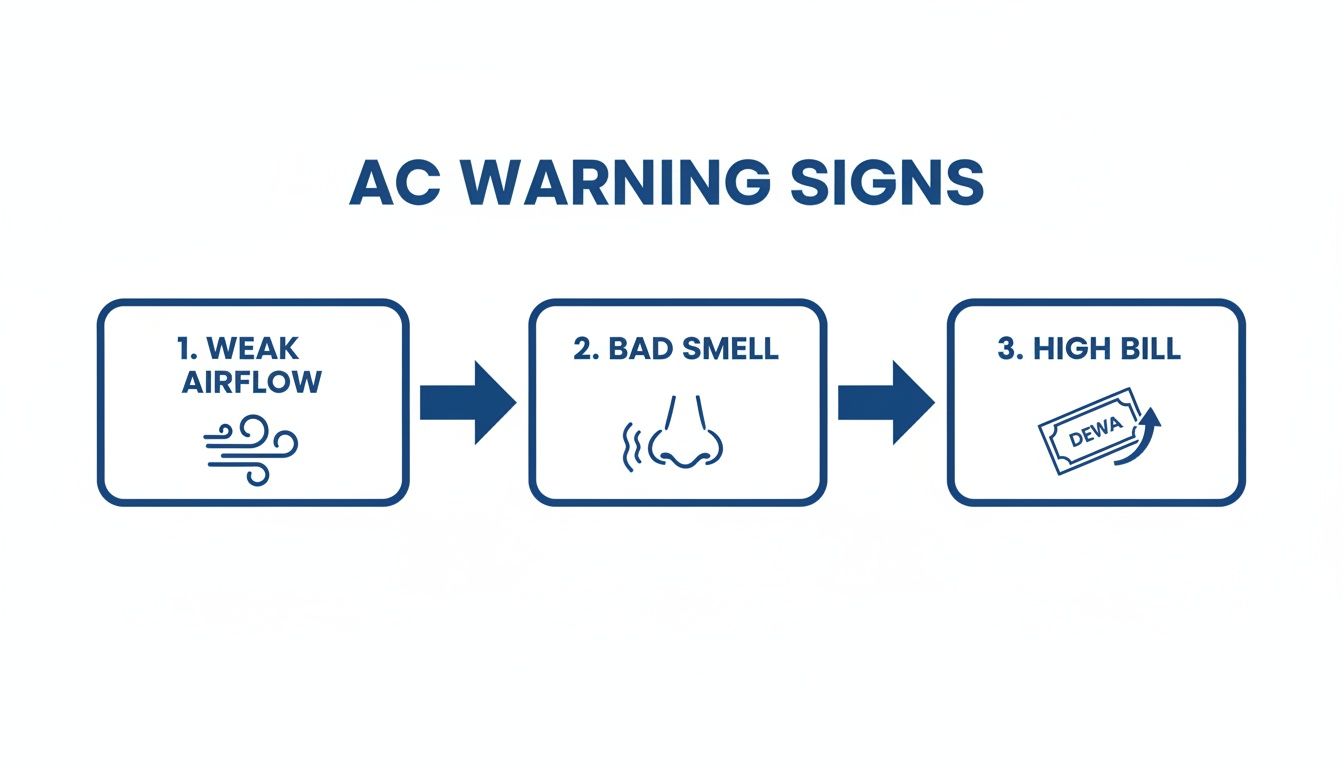 An infographic illustrating three AC warning signs: weak airflow, bad smell, and high electricity bills.