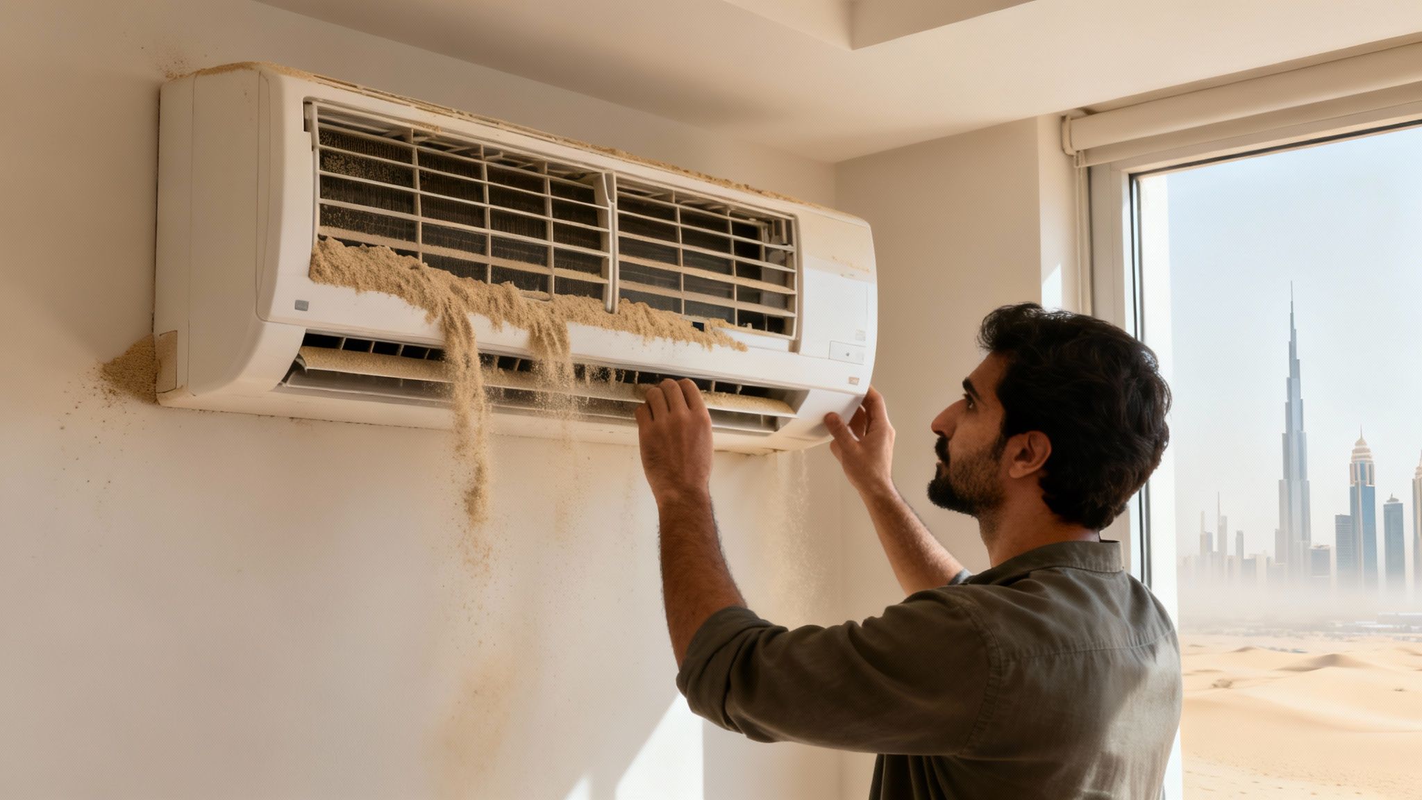 A man attempts to clean a heavily sand-filled air conditioner in Dubai, with a desert and city view.