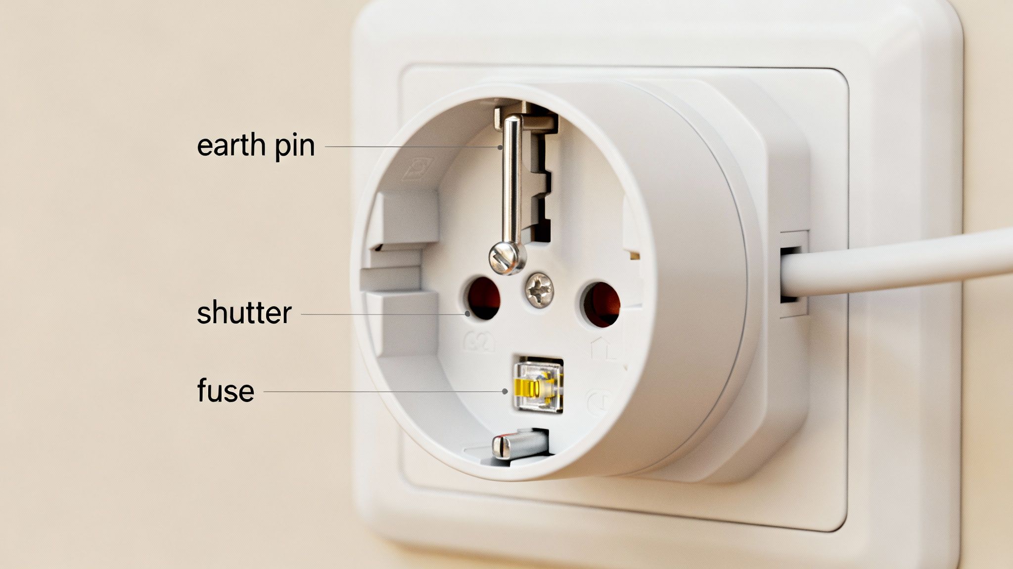 A close-up of a white electrical socket, highlighting its earth pin, shutters, and fuse, with a white cable plugged in.