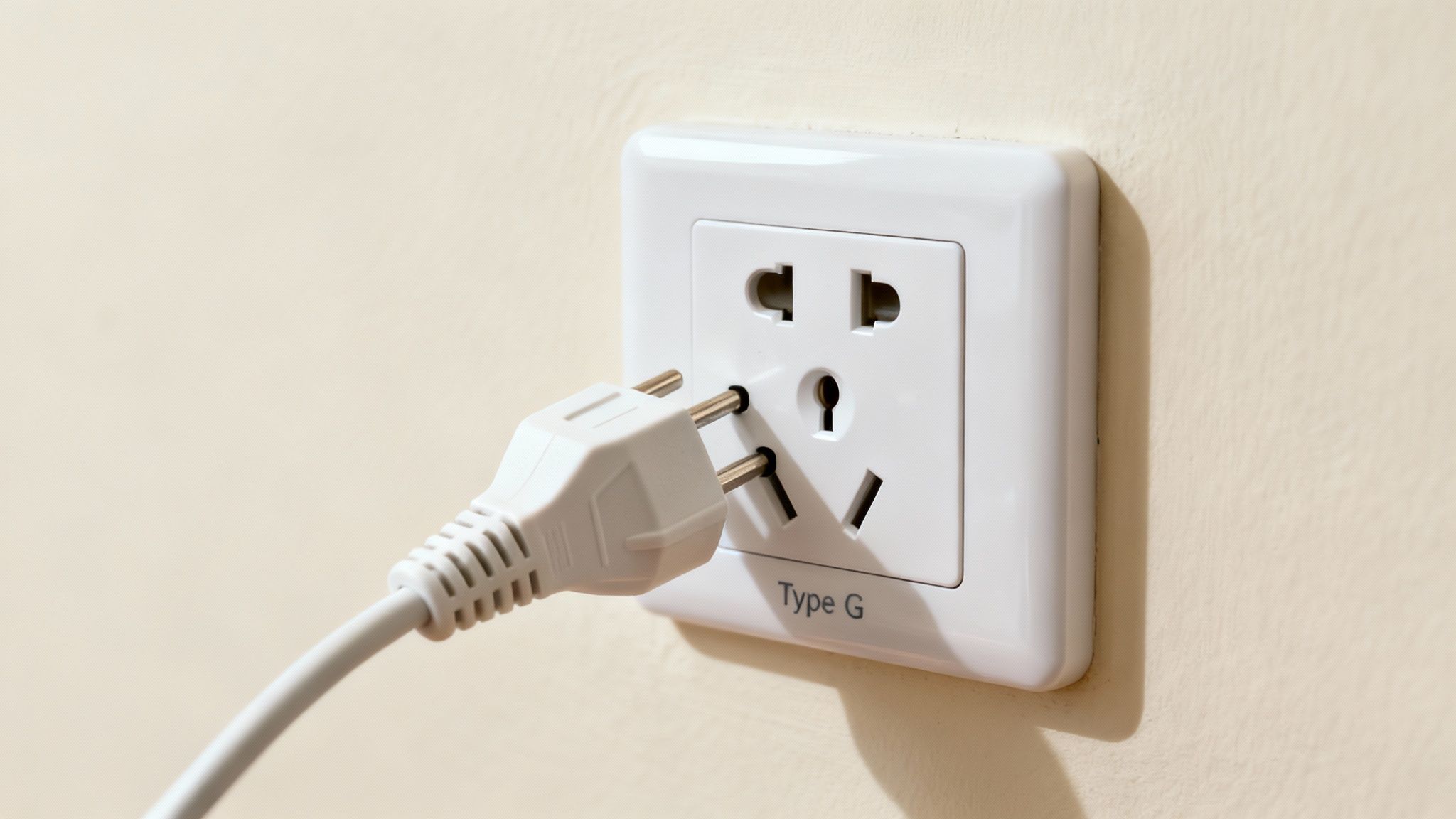 A white electrical plug with two round pins being inserted into a a multi-standard wall socket labeled "Type G".