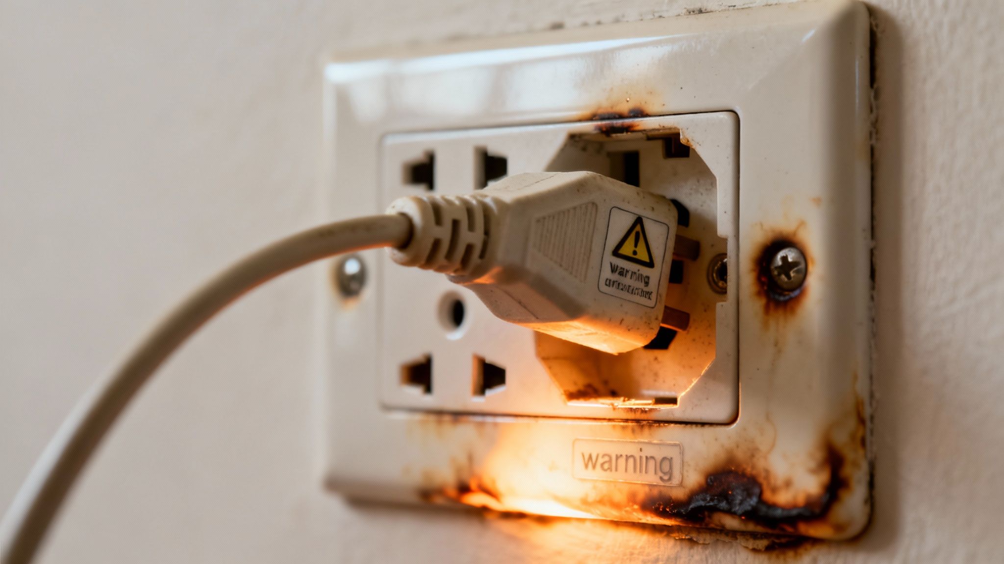 A dangerous electrical socket on a wall with a plug inserted, sparking and showing burn marks, indicating a serious fire hazard.