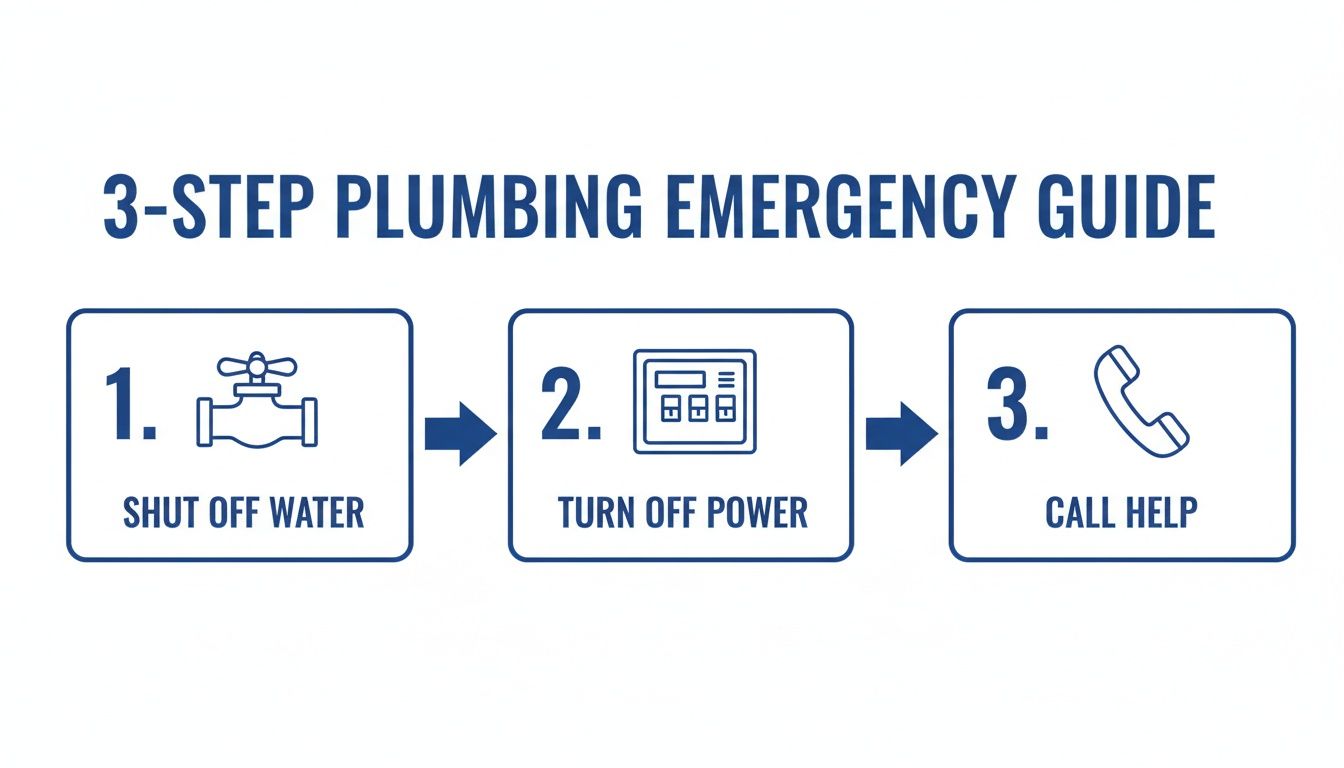 A three-step guide to plumbing emergencies: shut off water, turn off power, then call help.